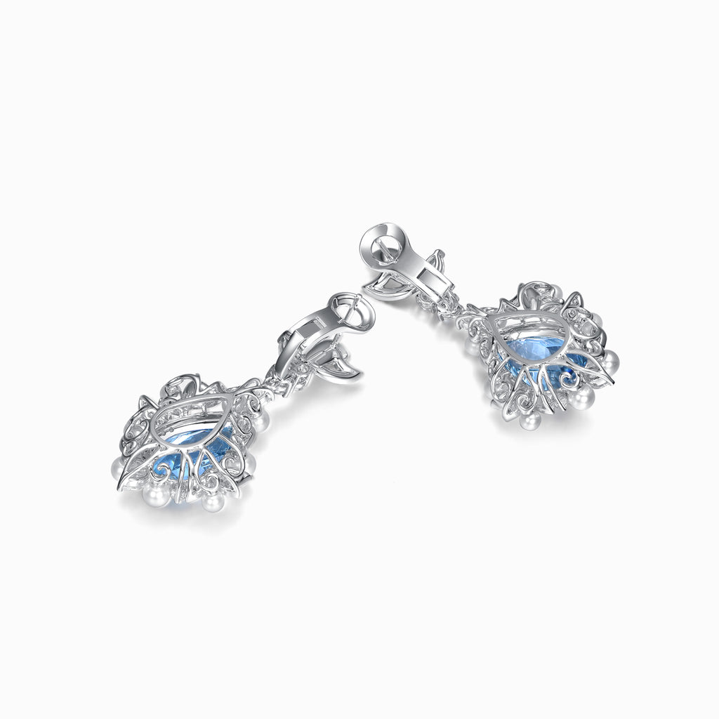 TASA aquamarine drop earring reverse view showing 18K white gold open scrollwork filigree and butterfly post fastening, fine jewellery craftsmanship detail