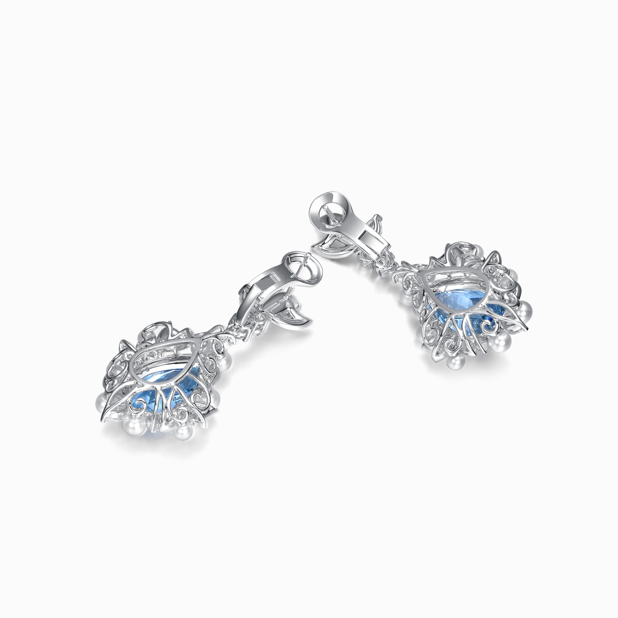 TASA aquamarine drop earring reverse view showing 18K white gold open scrollwork filigree and butterfly post fastening, fine jewellery craftsmanship detail