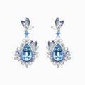 TASA 18K white gold drop earrings featuring 14.33ct pear-cut aquamarine with blue sapphire halo, diamond and pearl accents, front view on white background