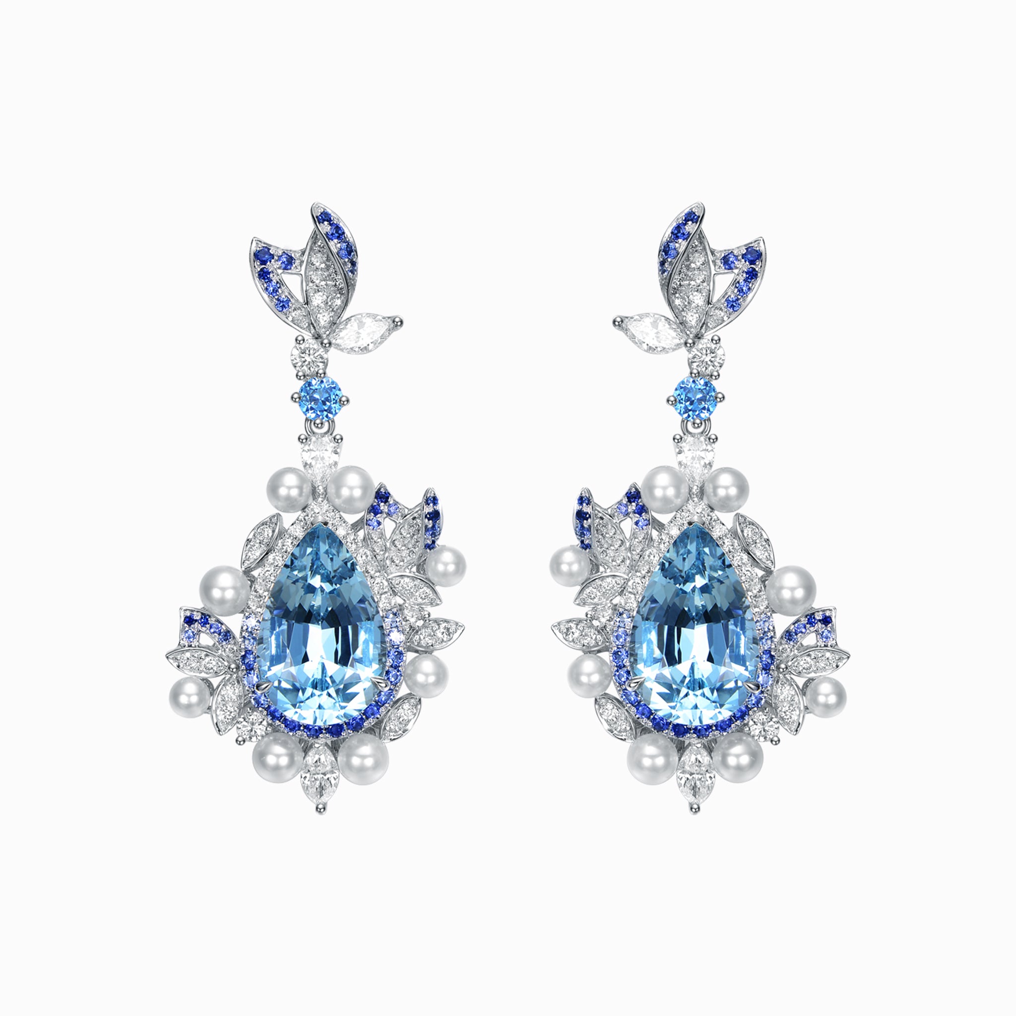 TASA 18K white gold drop earrings featuring 14.33ct pear-cut aquamarine with blue sapphire halo, diamond and pearl accents, front view on white background