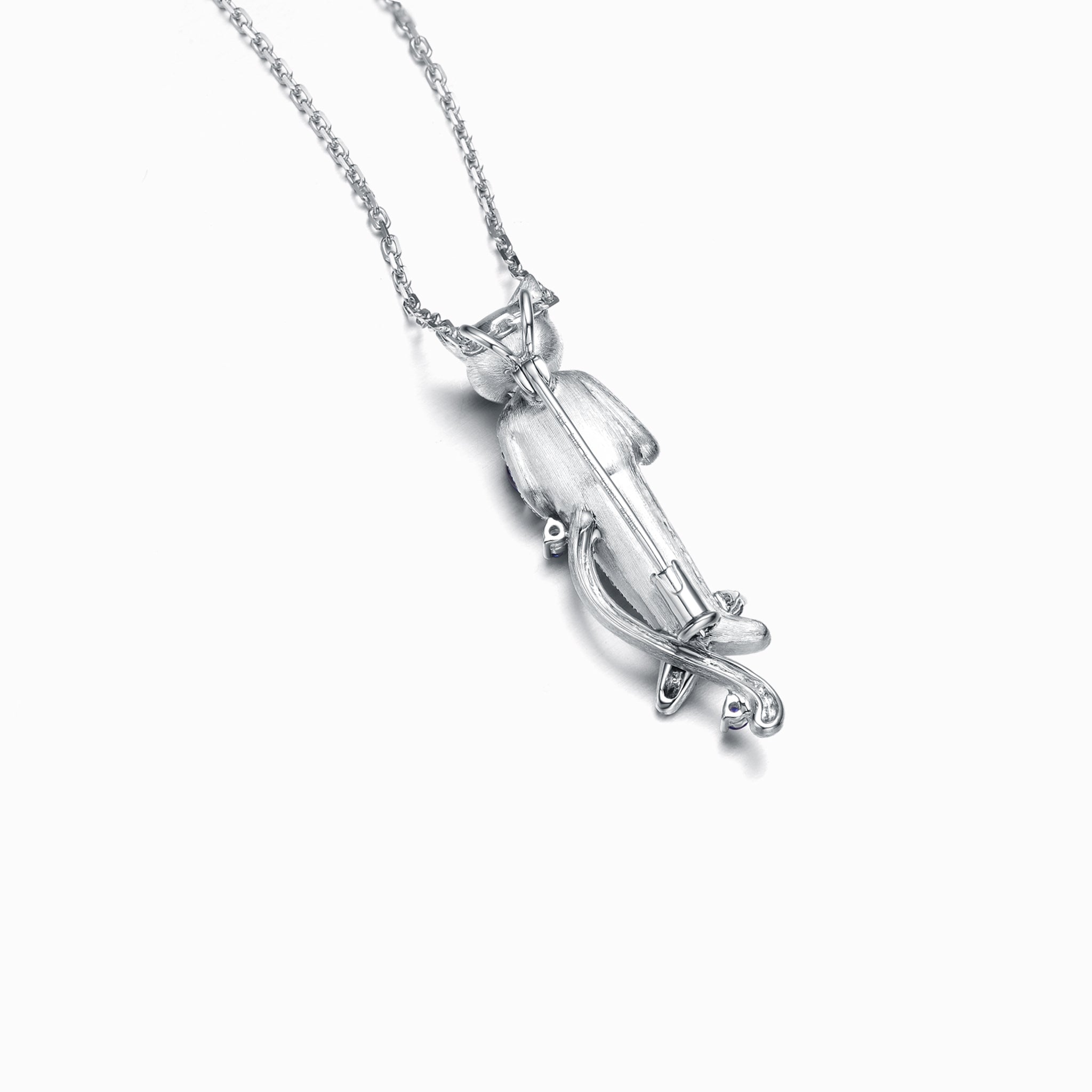TASA 18K white gold cat jewel reverse view showing dual-use brooch pin and pendant bail mechanism, white background
