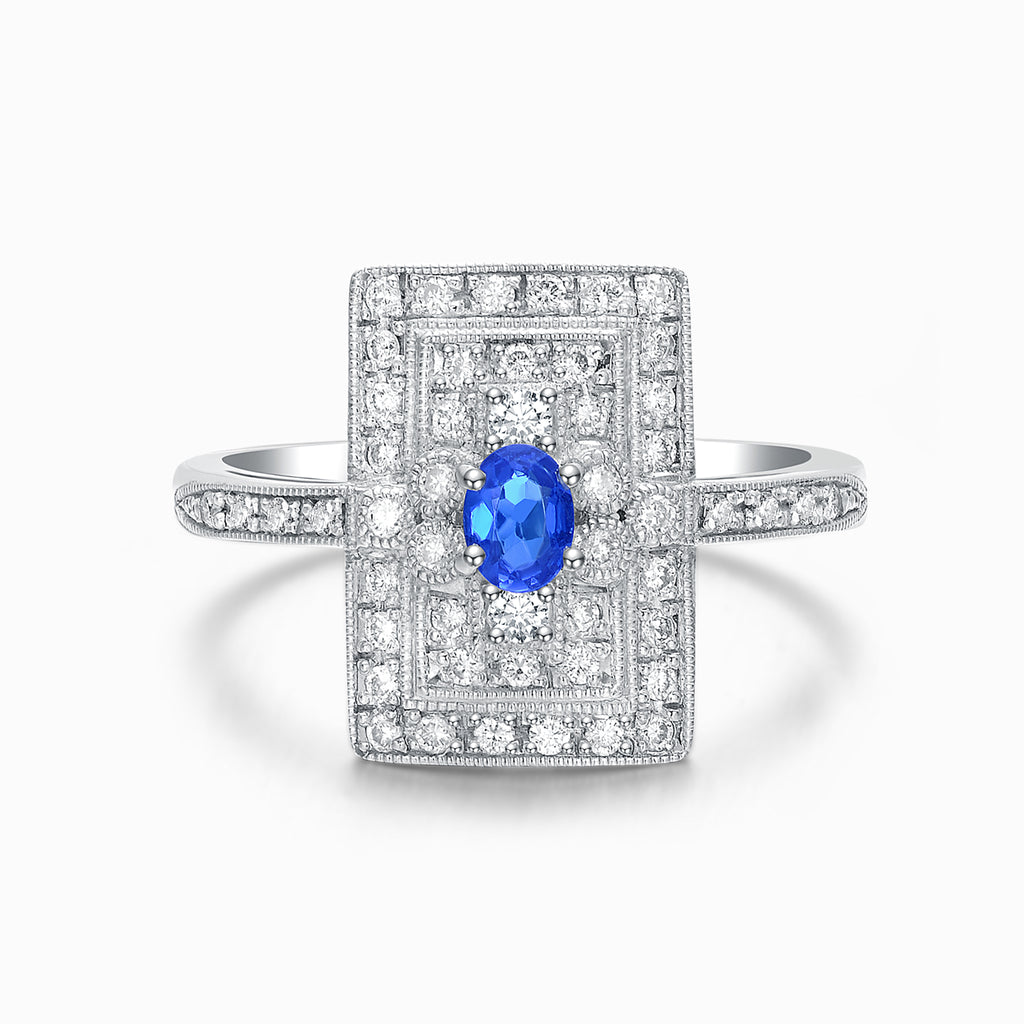 TASA 18K white gold blue sapphire ring front view, Art Deco rectangular double pavé diamond halo setting, white background