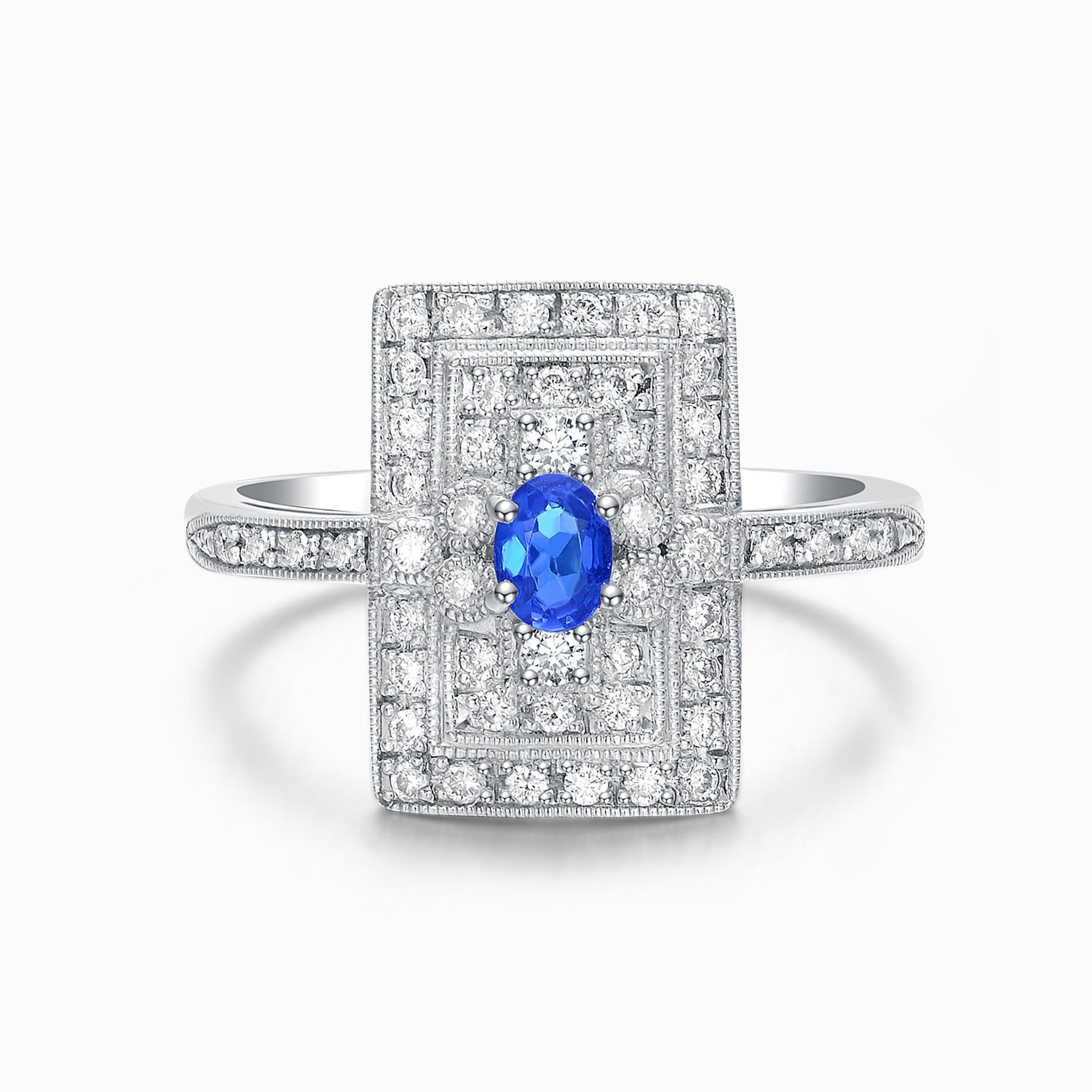TASA 18K white gold blue sapphire ring front view, Art Deco rectangular double pavé diamond halo setting, white background