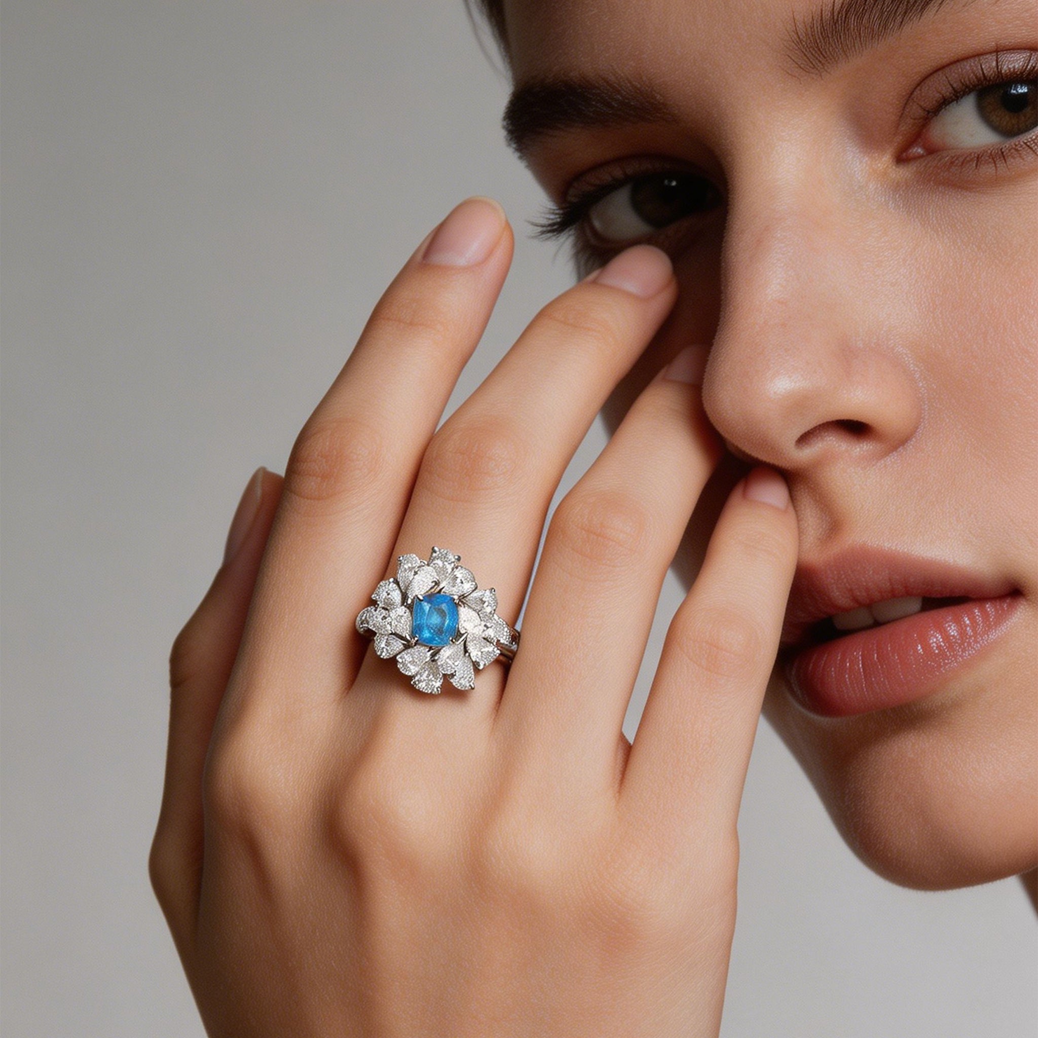 TASA 0.74ct Brazilian Paraiba tourmaline ring worn on hand, luxury fine jewellery editorial portrait white background