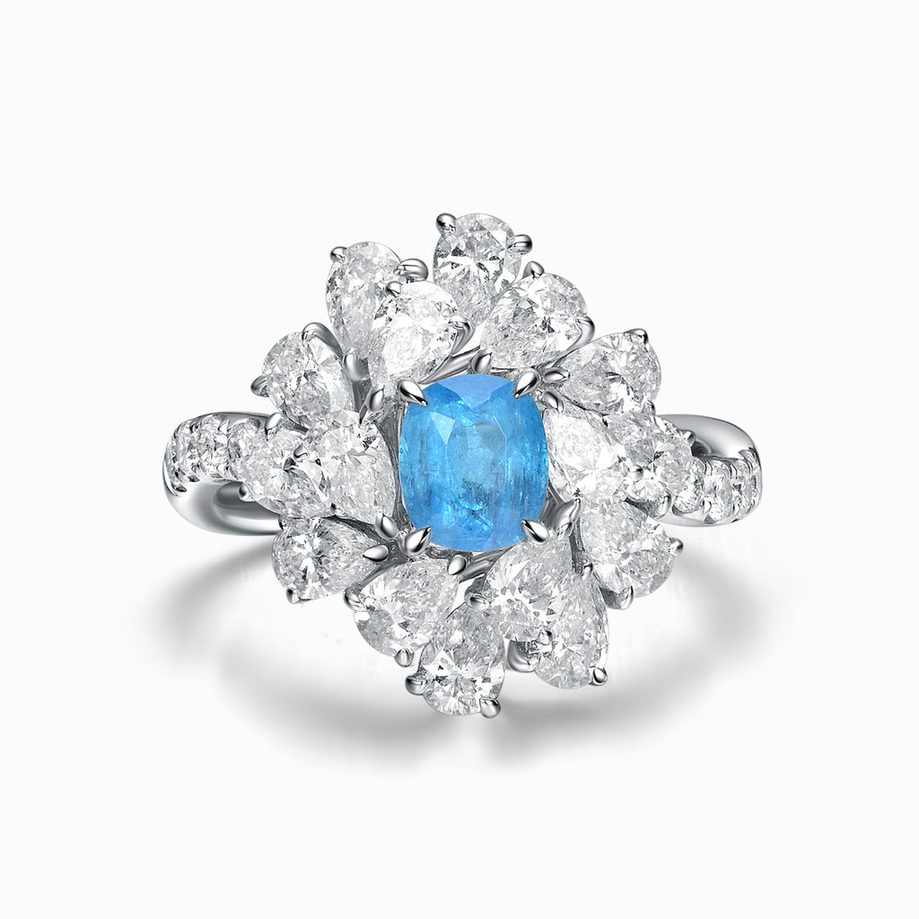 TASA natural neon blue Brazilian Paraiba tourmaline diamond ring top view, cushion-cut Paraiba with pear marquise oval diamond burst, 18K white gold