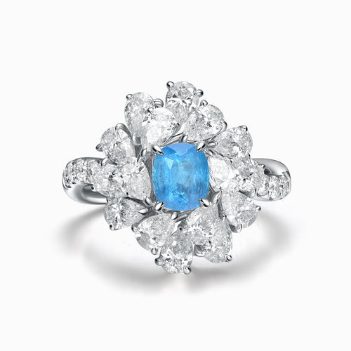 TASA natural neon blue Brazilian Paraiba tourmaline diamond ring top view, cushion-cut Paraiba with pear marquise oval diamond burst, 18K white gold