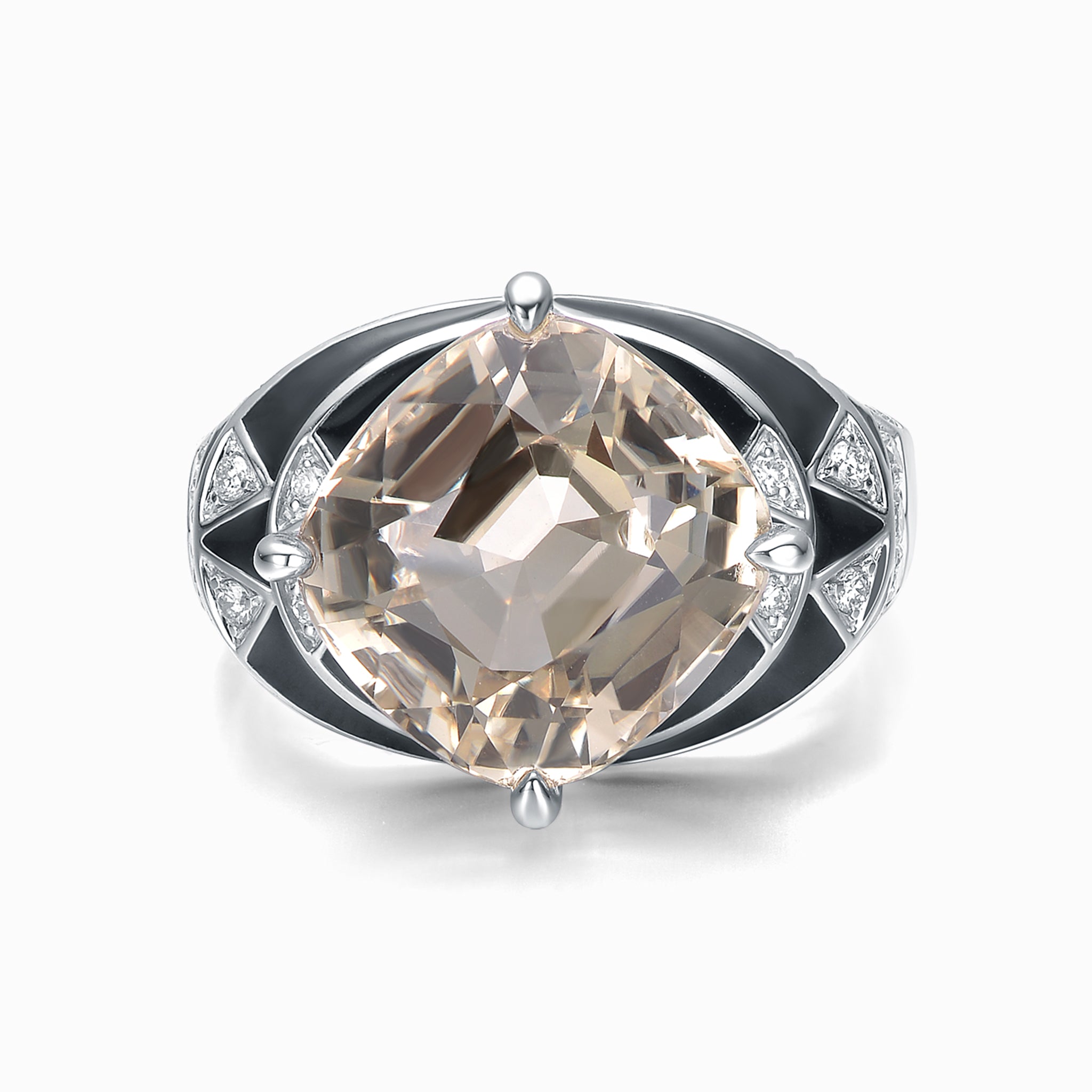 TASA natural champagne tourmaline 8.01ct cushion ring top view, Art Deco black enamel compass geometric diamond setting in 18K white gold, white background