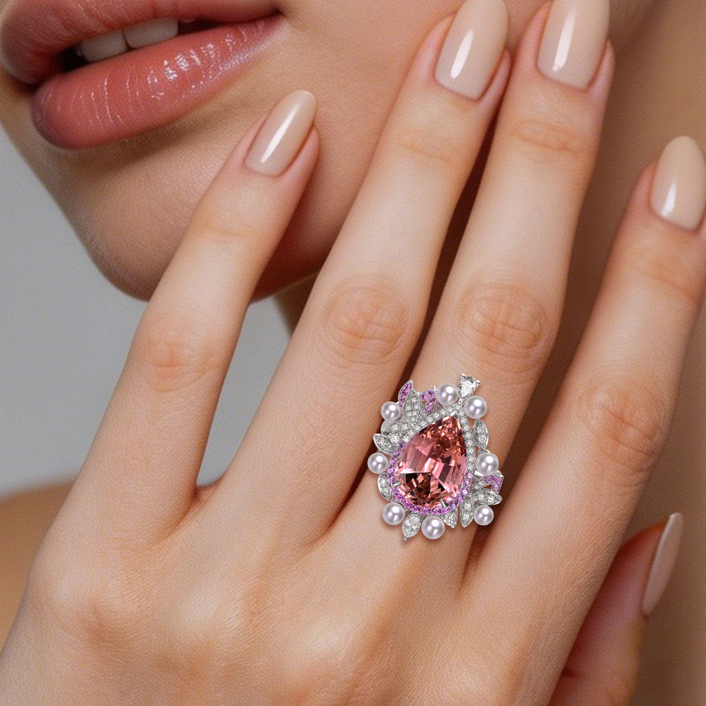 Close-up of TASA champagne tourmaline transformable ring showing pink sapphire halo, natural pearls and 141 diamond botanical setting, 18K white gold fine jewellery detail