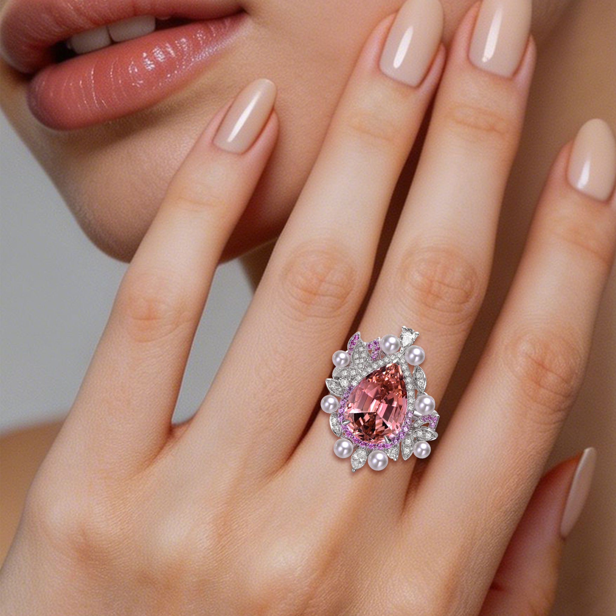 Close-up of TASA champagne tourmaline transformable ring showing pink sapphire halo, natural pearls and 141 diamond botanical setting, 18K white gold fine jewellery detail
