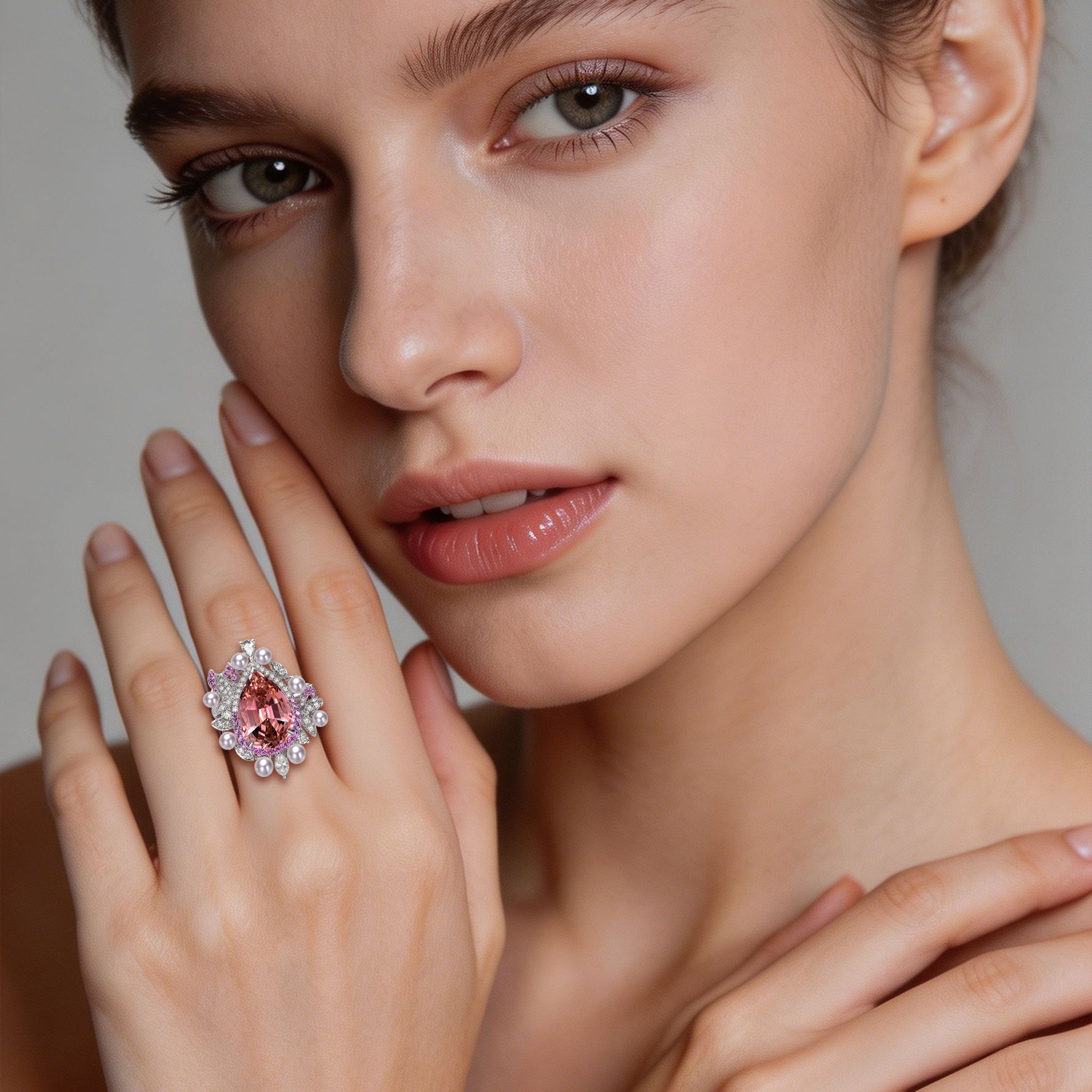 Model wearing TASA 8.54ct champagne-pink tourmaline pearl and diamond botanical crown ring, luxury high jewellery editorial portrait