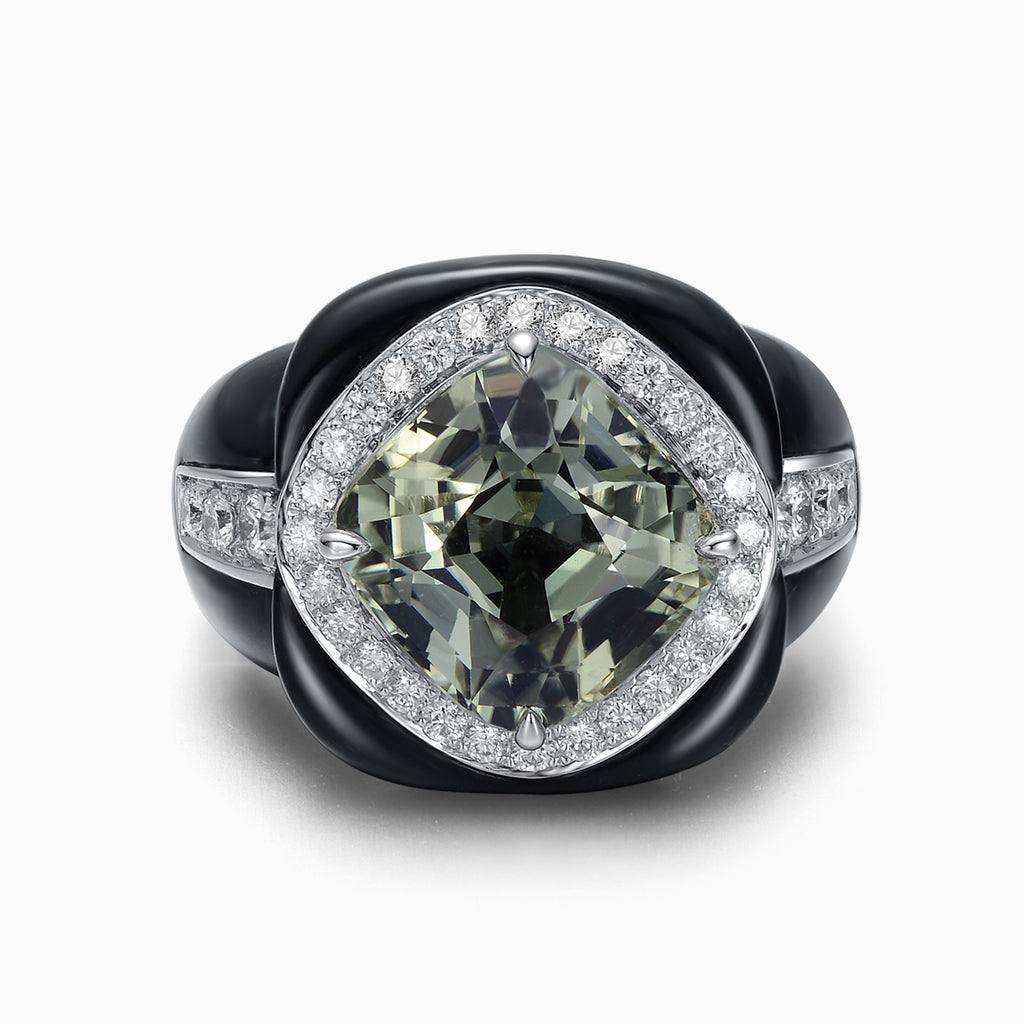 TASA natural green tourmaline cocktail ring top view, 35-diamond pavé halo with Art Deco black ceramic band in 18K white gold, white background