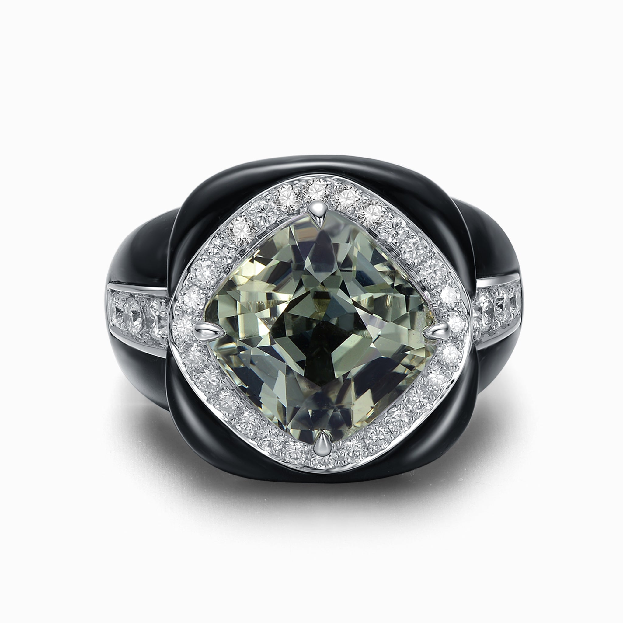 TASA natural green tourmaline cocktail ring top view, 35-diamond pavé halo with Art Deco black ceramic band in 18K white gold, white background