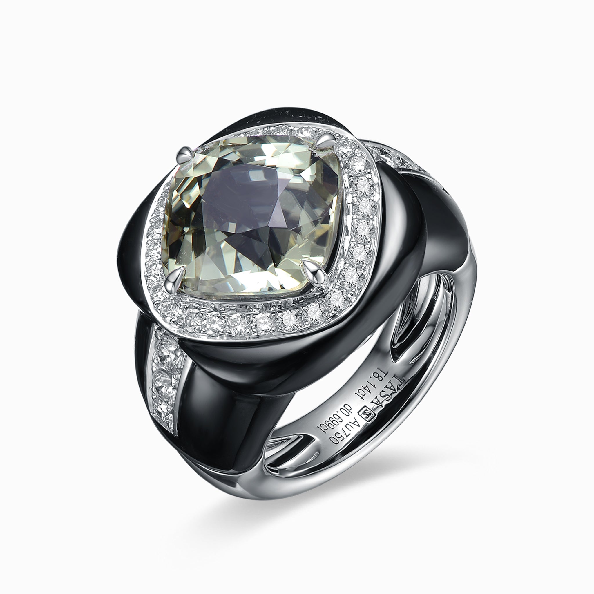 TASA 18K white gold ring featuring 8.14ct cushion-cut green tourmaline with diamond halo and sculptural black ceramic band, side view white background