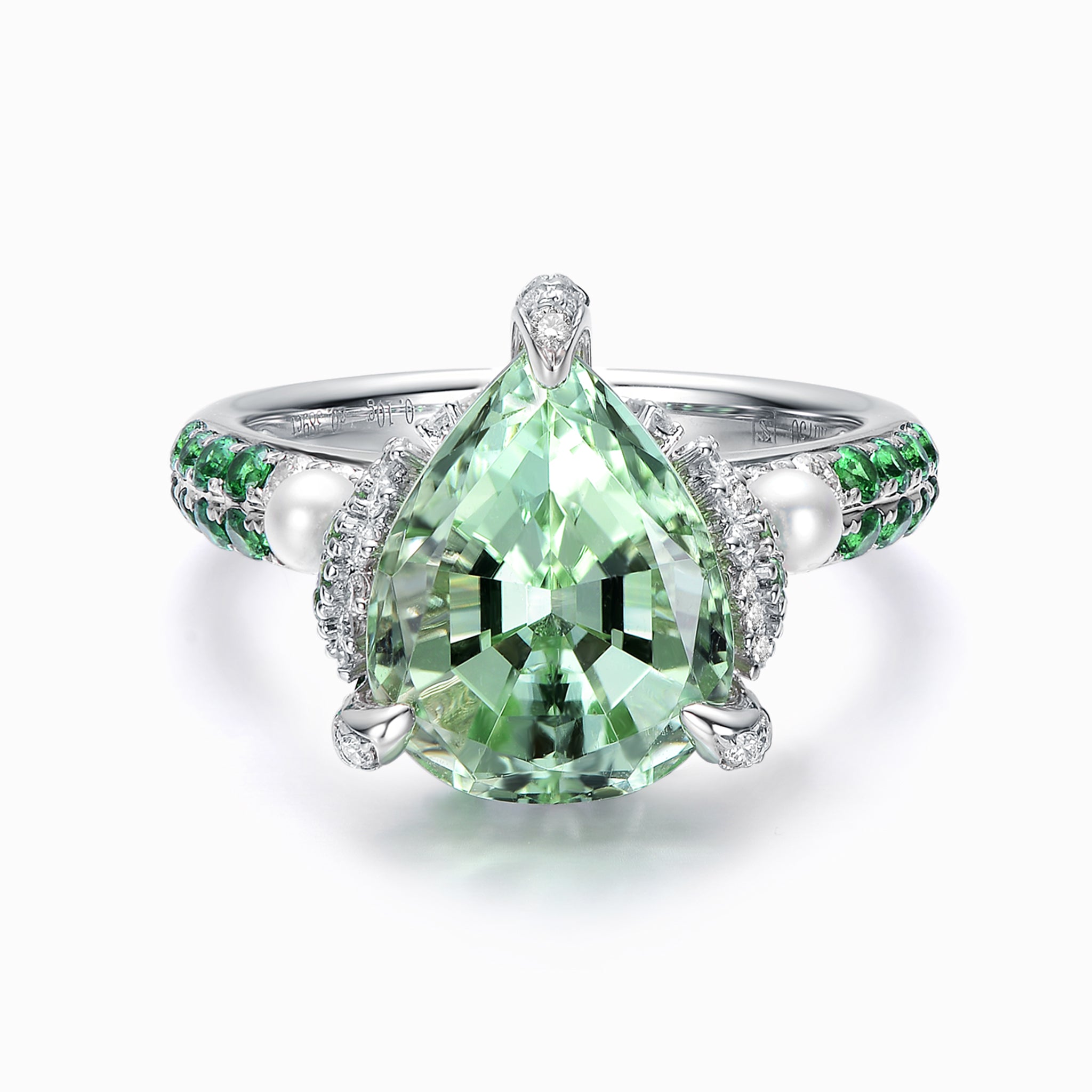 TASA natural mint green tourmaline 5.07ct pear cut ring top view, white pearls and tsavorite garnet diamond band in 18K white gold
