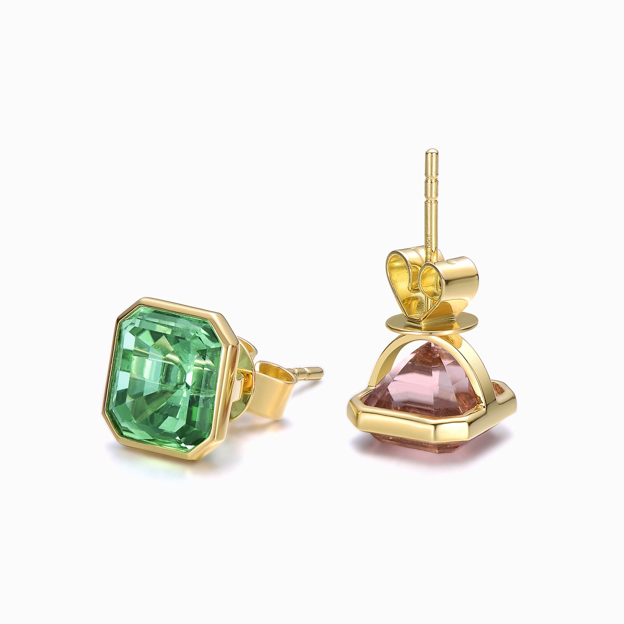 TASA natural tourmaline stud earrings side and back view showing 18K gold bezel setting and butterfly post fastening, white background