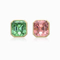 TASA 18K gold mismatched stud earrings featuring natural mint green and blush pink tourmaline, 10.14ct total, asscher cut full bezel setting, front view white background