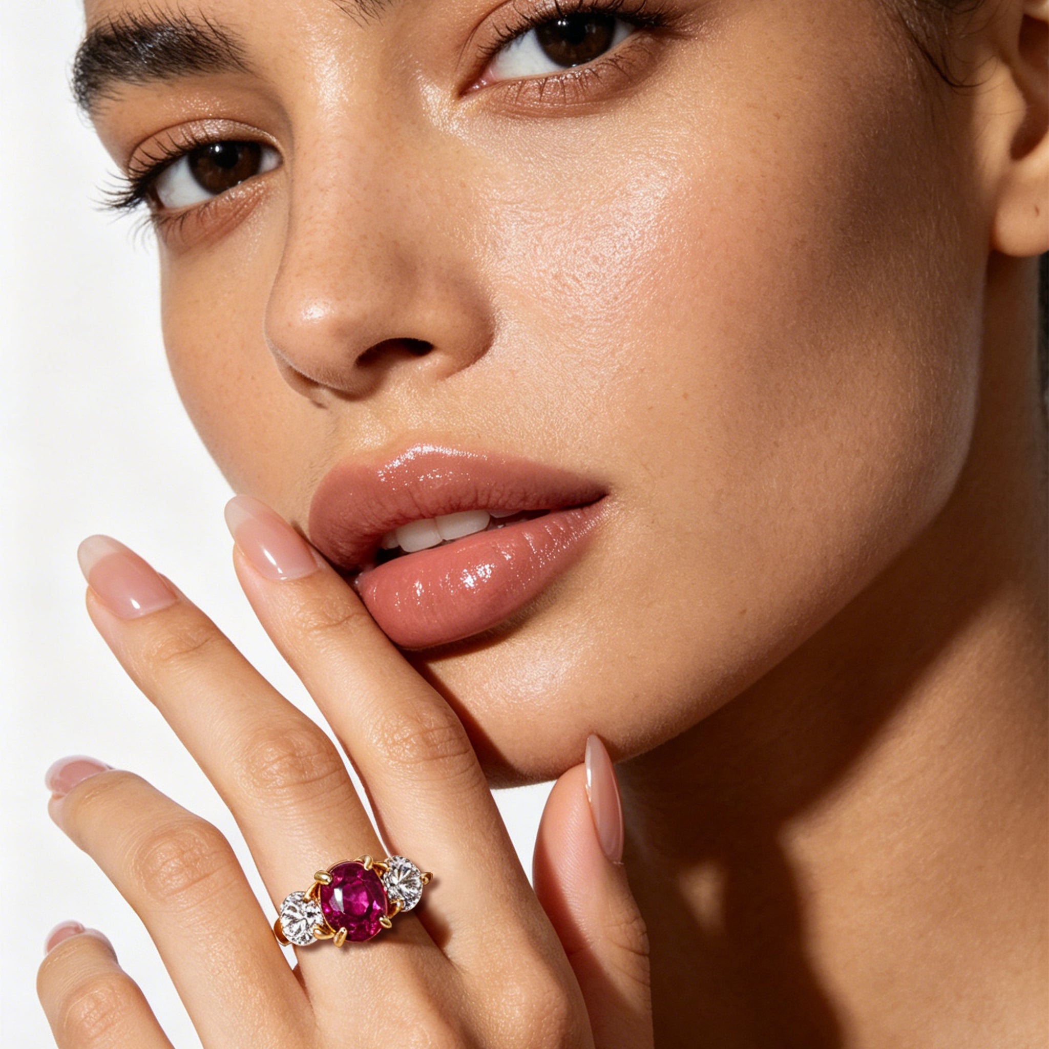 Model wearing TASA natural ruby and diamond trilogy ring in 18K yellow gold, luxury fine jewellery portrait