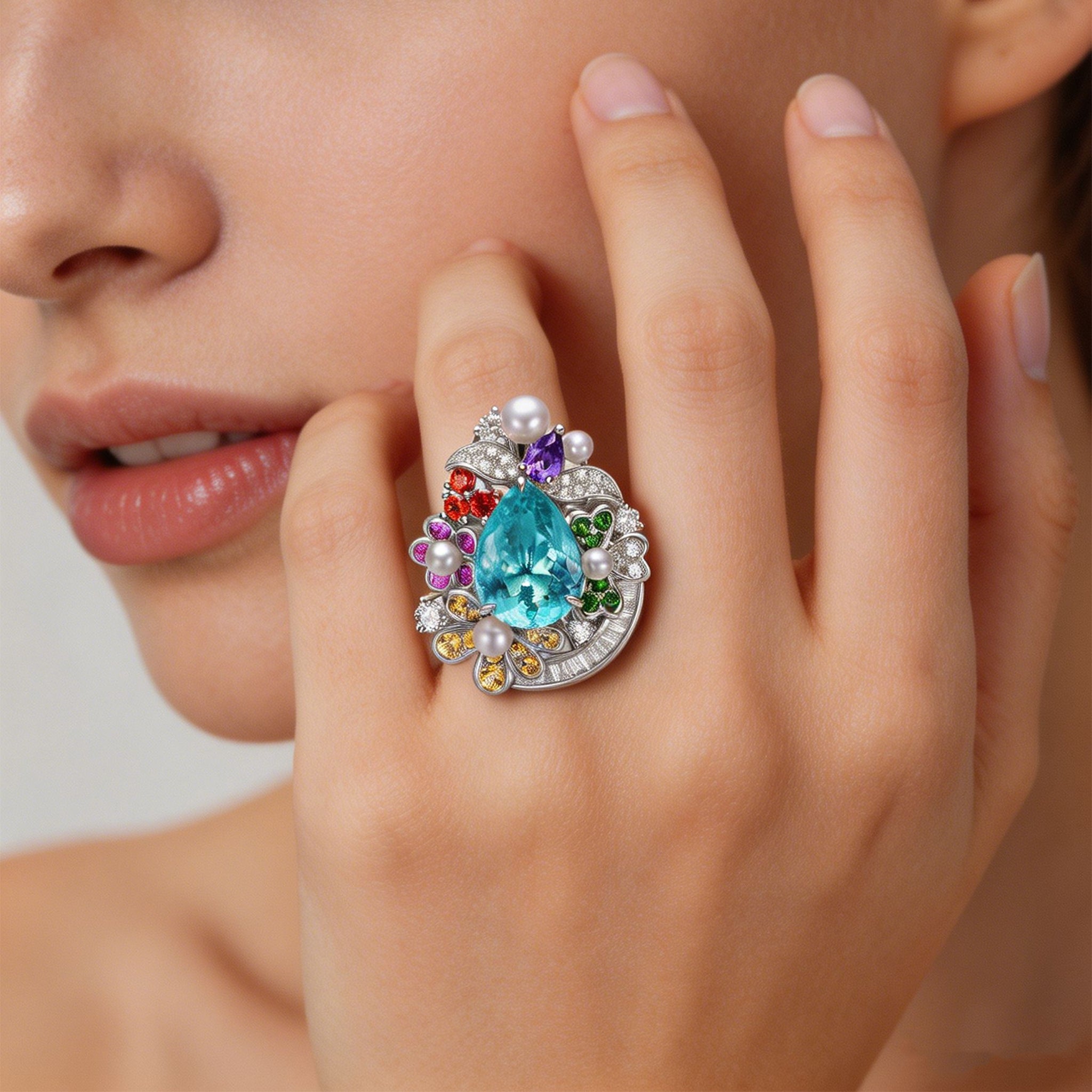 Model wearing TASA 4.01ct Brazilian Paraiba tourmaline multi-gemstone garden ring, neon blue high jewellery statement piece close-up