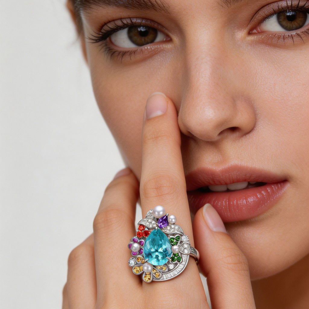 TASA certified Brazilian Paraiba tourmaline transformable ring and earring pendant worn on hand, luxury high jewellery editorial portrait