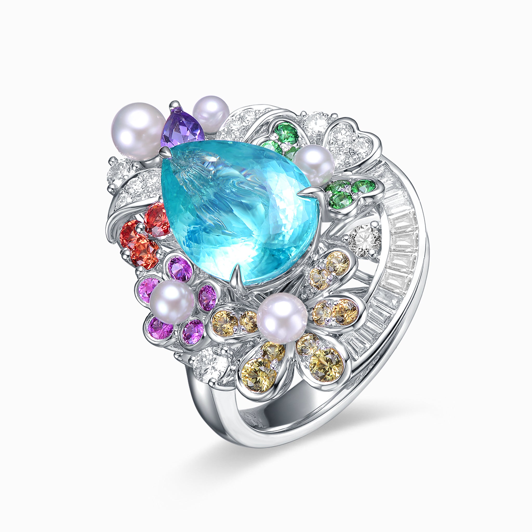 TASA 4.01ct certified Brazilian Paraiba tourmaline cocktail ring angled view, rainbow gemstone garden with baguette diamond arc in 18K white gold