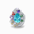 TASA 18K white gold transformable ring featuring 4.01ct pear-cut Brazilian Paraiba tourmaline with 124 diamonds, sapphires, tsavorite, pearl and amethyst garden design, front view