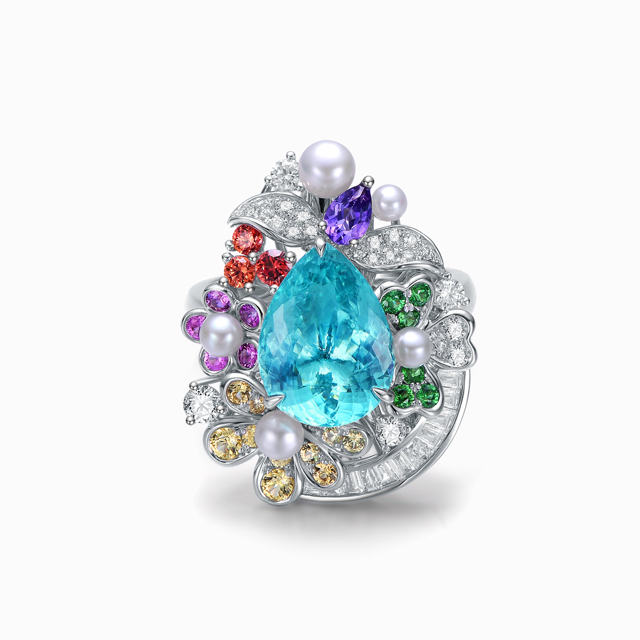 TASA 18K white gold transformable ring featuring 4.01ct pear-cut Brazilian Paraiba tourmaline with 124 diamonds, sapphires, tsavorite, pearl and amethyst garden design, front view