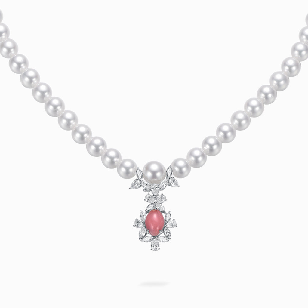 TASA 18K white gold necklace featuring a 2.49ct natural Flamingo Pink conch pearl pendant with marquise diamond halo on a 29-pearl Japanese Akoya strand, white background
