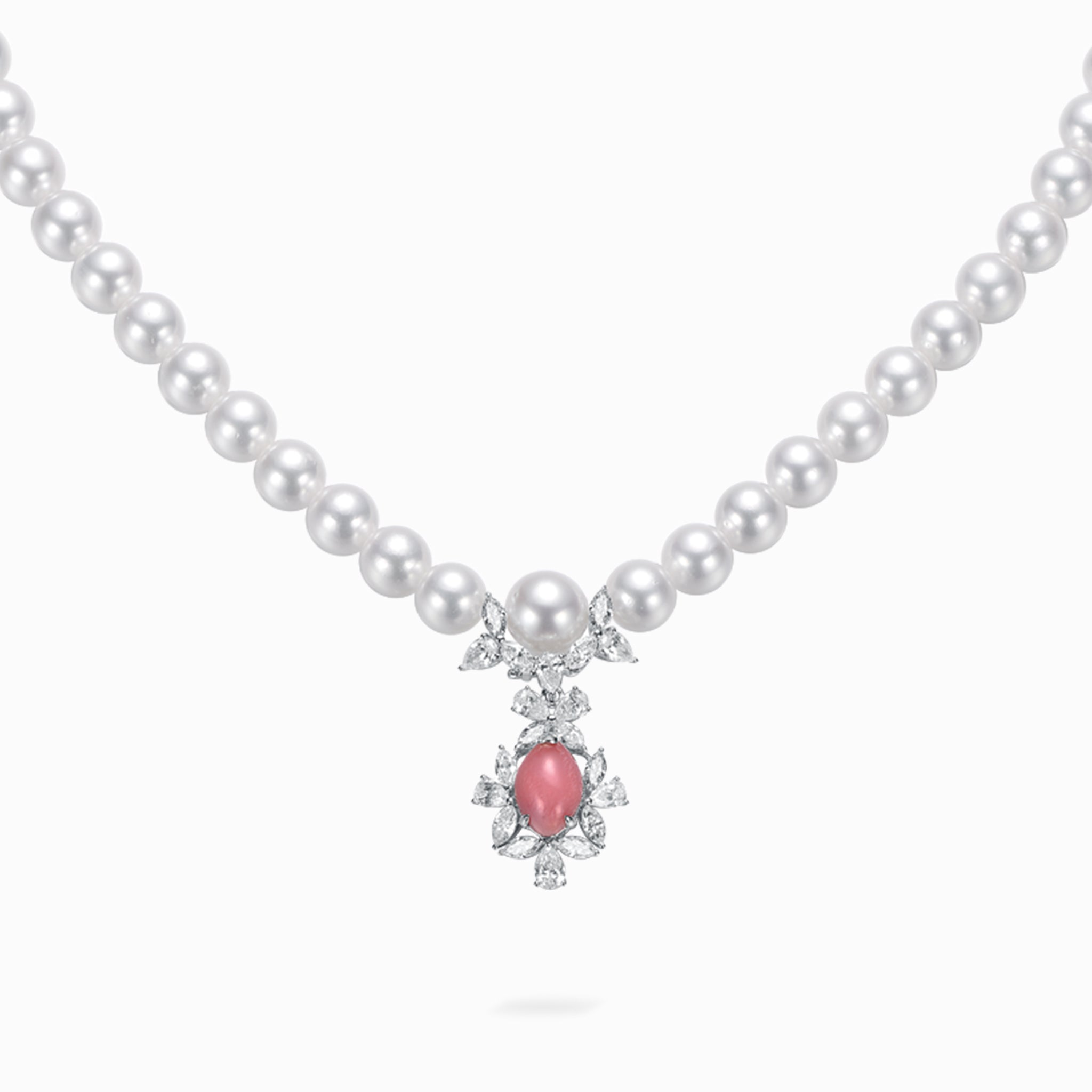 TASA 18K white gold necklace featuring a 2.49ct natural Flamingo Pink conch pearl pendant with marquise diamond halo on a 29-pearl Japanese Akoya strand, white background