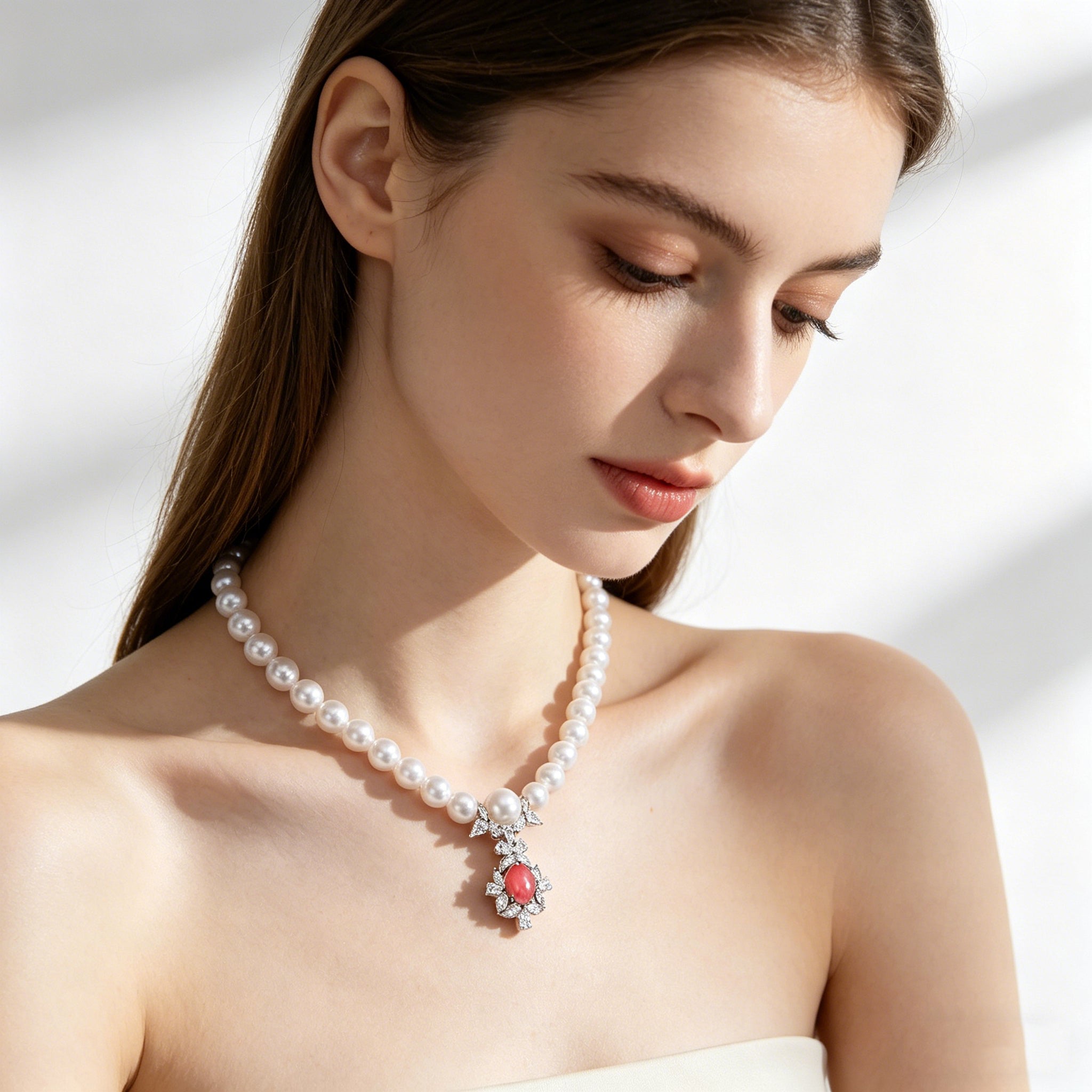 Close-up of model wearing TASA 2.49ct Flamingo Pink conch pearl pendant on Japanese Akoya pearl strand necklace, 18K white gold setting