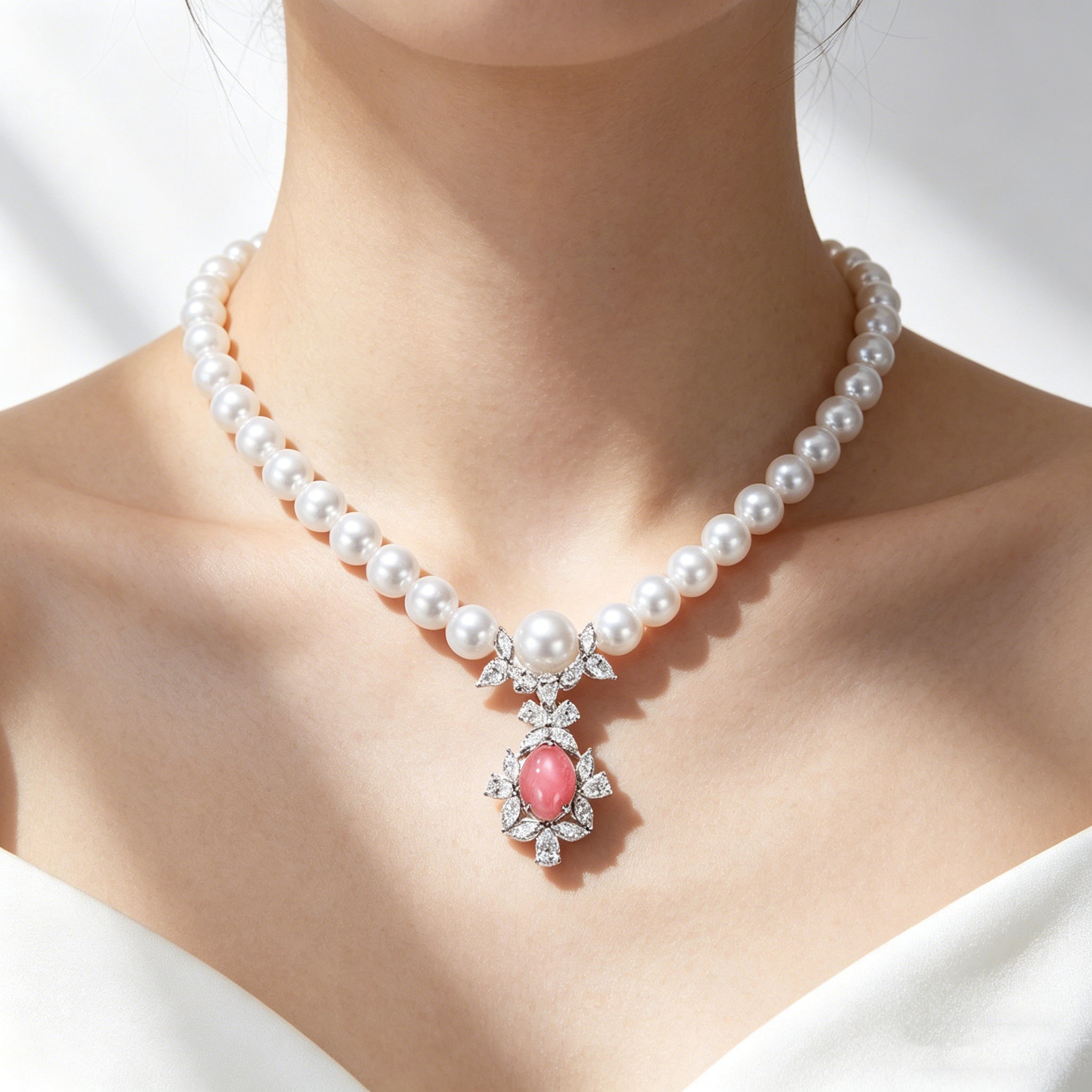 Model wearing TASA natural Flamingo Pink conch pearl and Akoya pearl necklace with marquise diamond halo pendant, lifestyle portrait