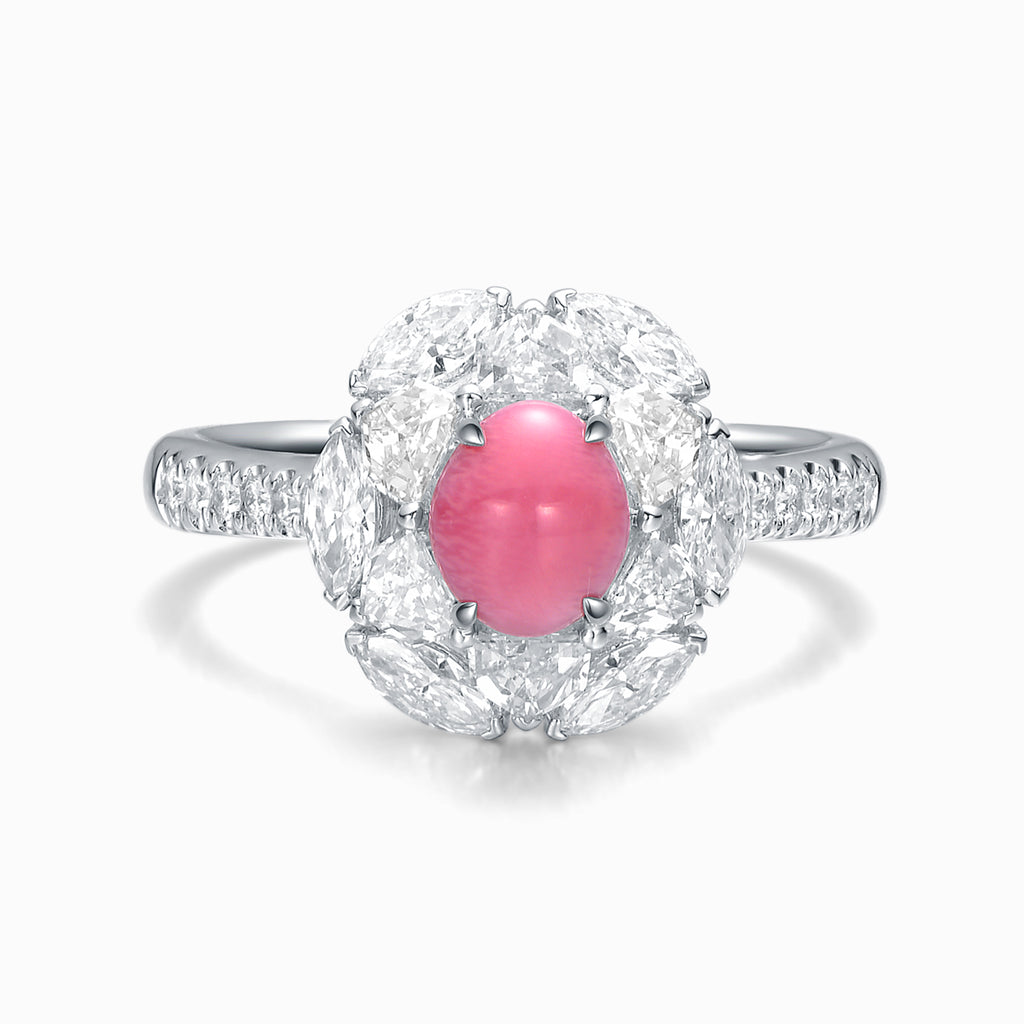 TASA 18K white gold ring front view, natural Flamingo Pink conch pearl centre with marquise diamond petal halo and pavé band, white background
