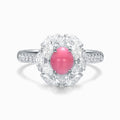 TASA 18K white gold ring front view, natural Flamingo Pink conch pearl centre with marquise diamond petal halo and pavé band, white background