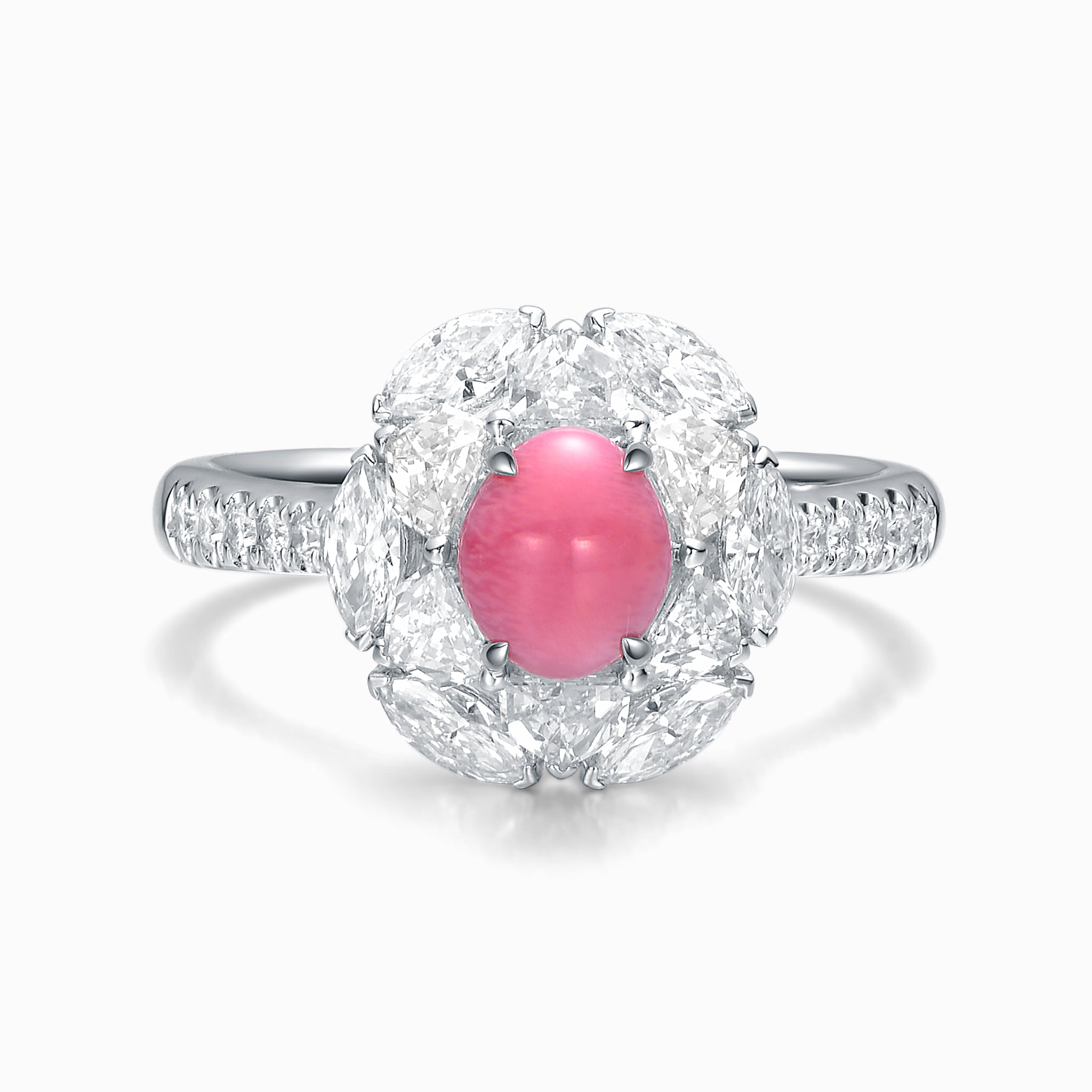 TASA 18K white gold ring front view, natural Flamingo Pink conch pearl centre with marquise diamond petal halo and pavé band, white background