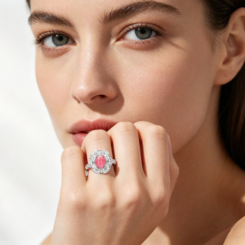 Model wearing TASA 18K white gold natural pink conch pearl and marquise diamond ring, lifestyle portrait
