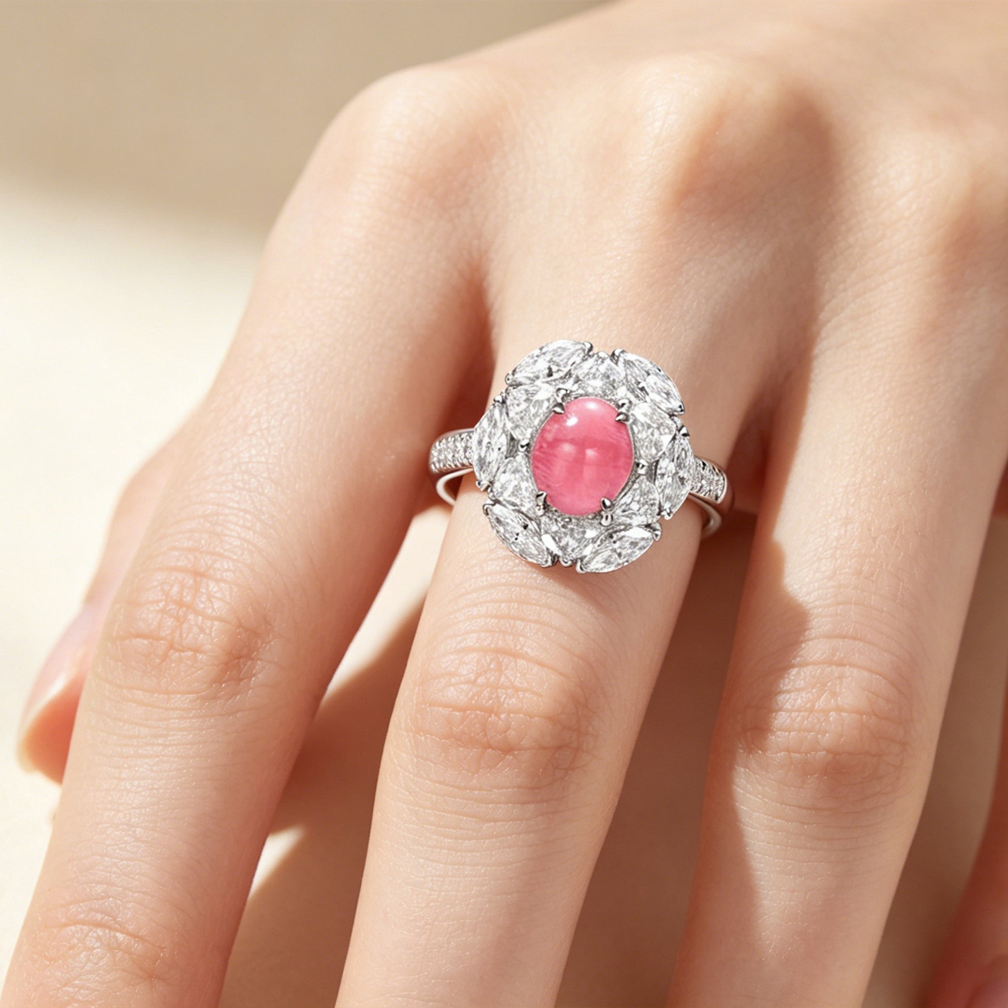 Close-up of hand wearing TASA 18K white gold natural Flamingo Pink conch pearl ring with marquise diamond halo setting