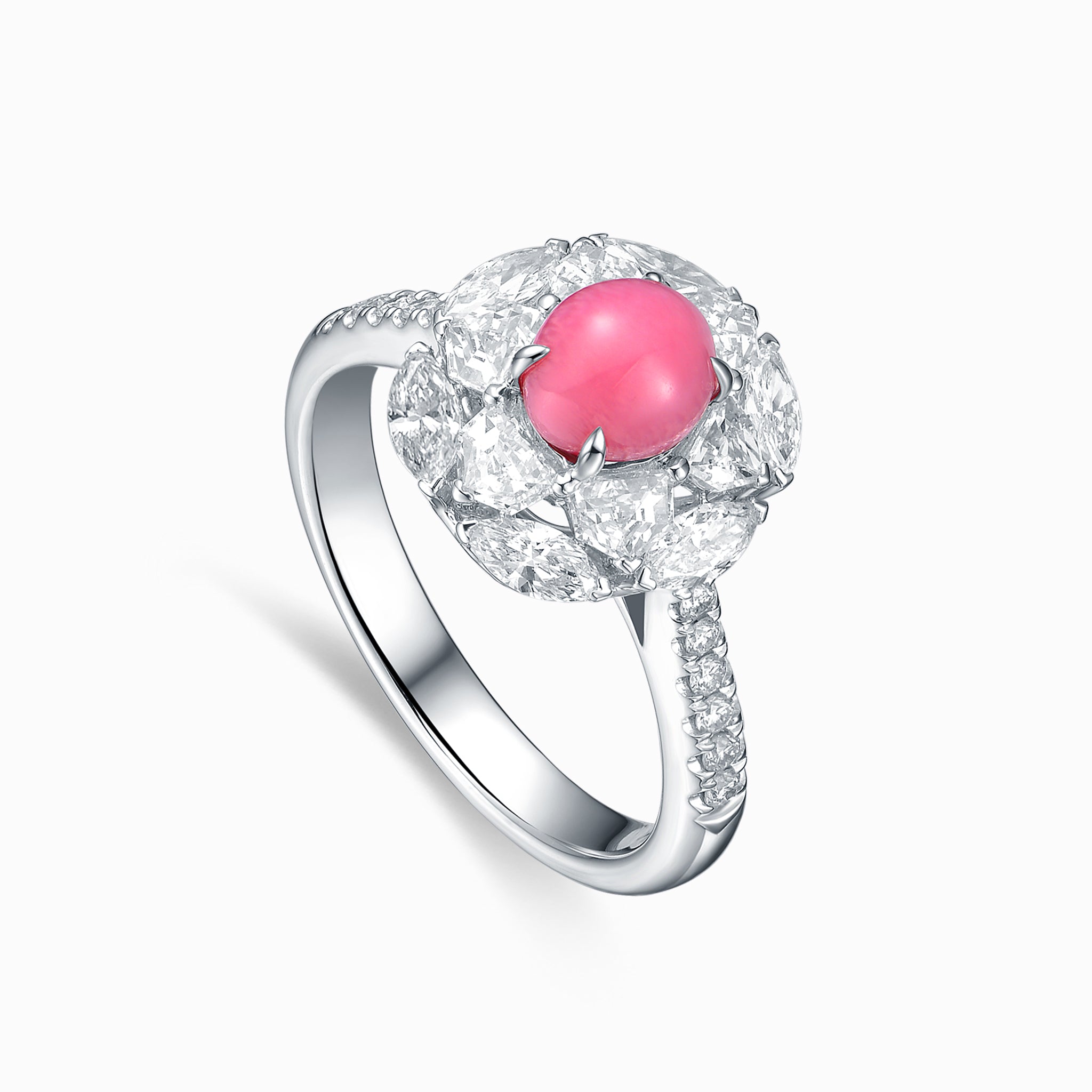 TASA 18K white gold ring with 1.22ct natural Flamingo Pink conch pearl surrounded by 12 marquise-cut diamonds, side view on white background