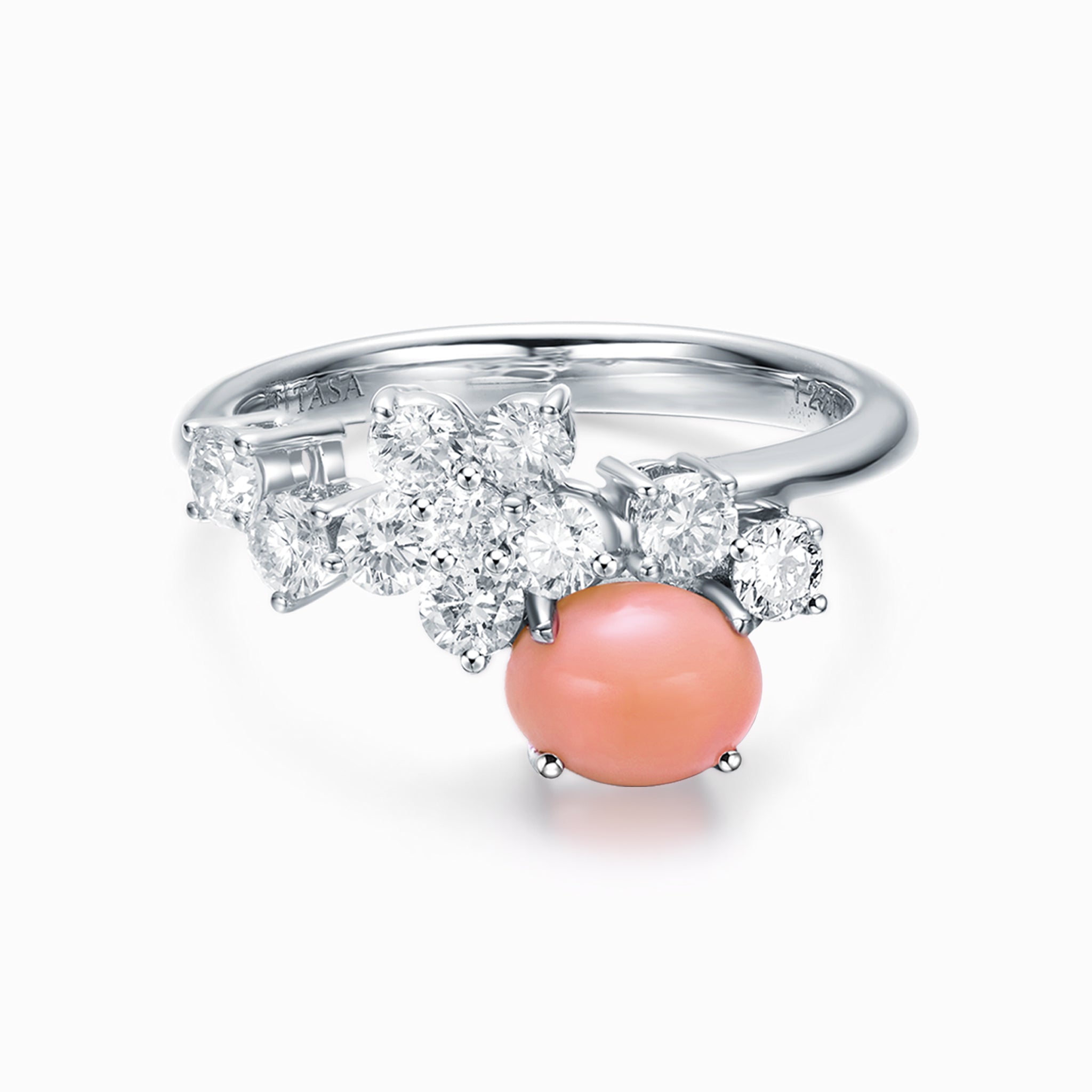 TASA 18K white gold ring with 0.89ct natural pink conch pearl surrounded by brilliant-cut diamonds, top view on white background