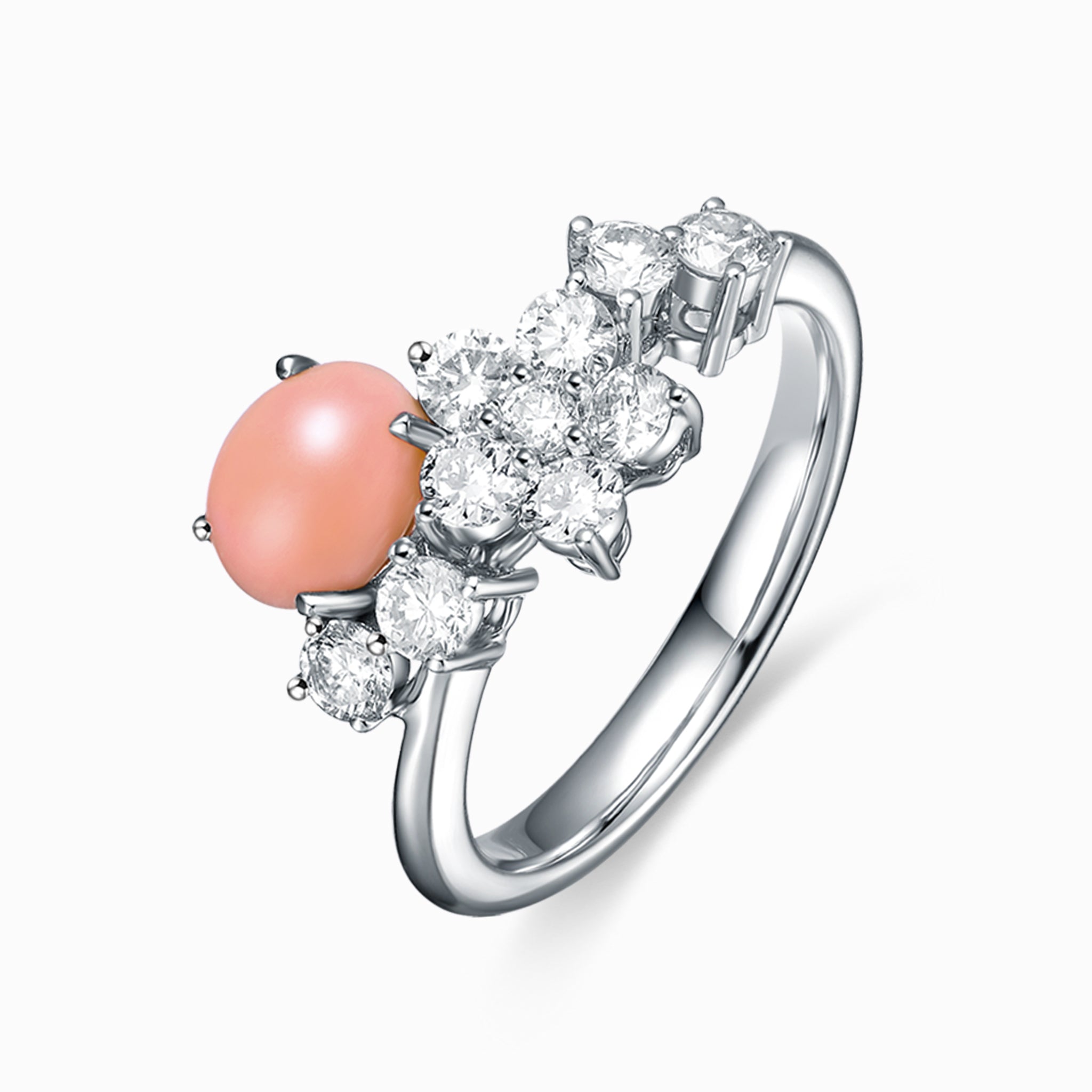 TASA 18K white gold ring featuring a 0.89ct natural pink conch pearl surrounded by brilliant-cut diamonds, on white background