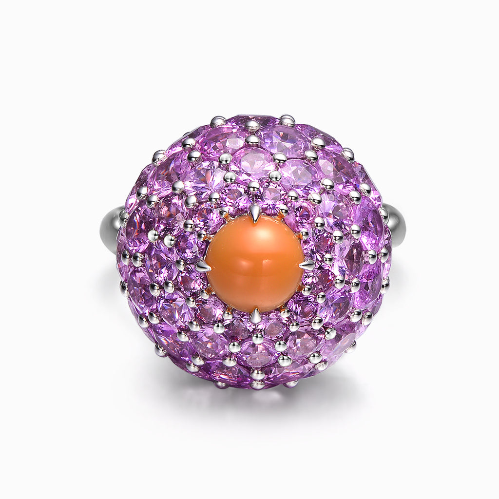 TASA 18K white gold ring top view, 1.62ct natural pink conch pearl centre stone surrounded by full pavé dome of 72 pink sapphires 11.21ct, on white background