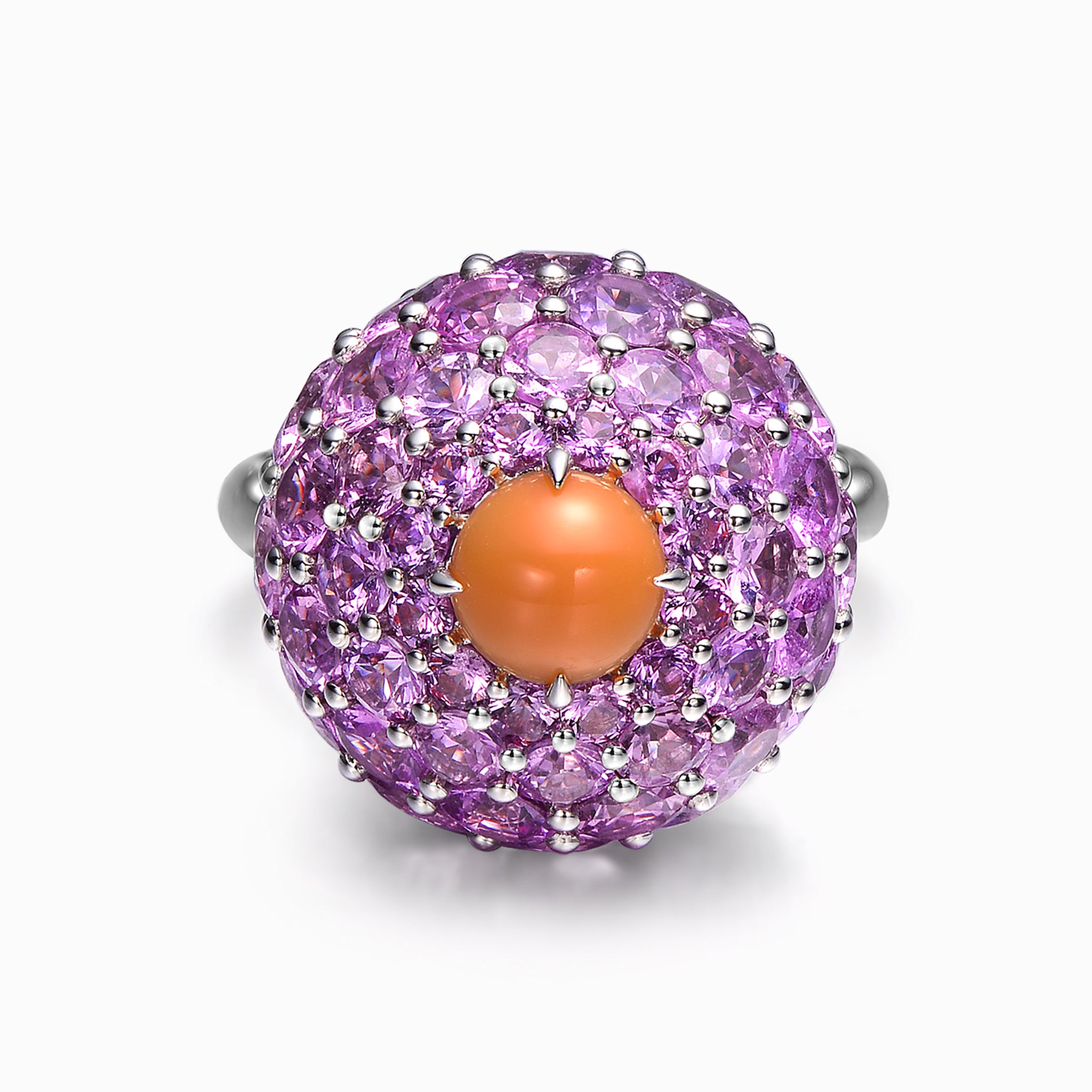 TASA 18K white gold ring top view, 1.62ct natural pink conch pearl centre stone surrounded by full pavé dome of 72 pink sapphires 11.21ct, on white background
