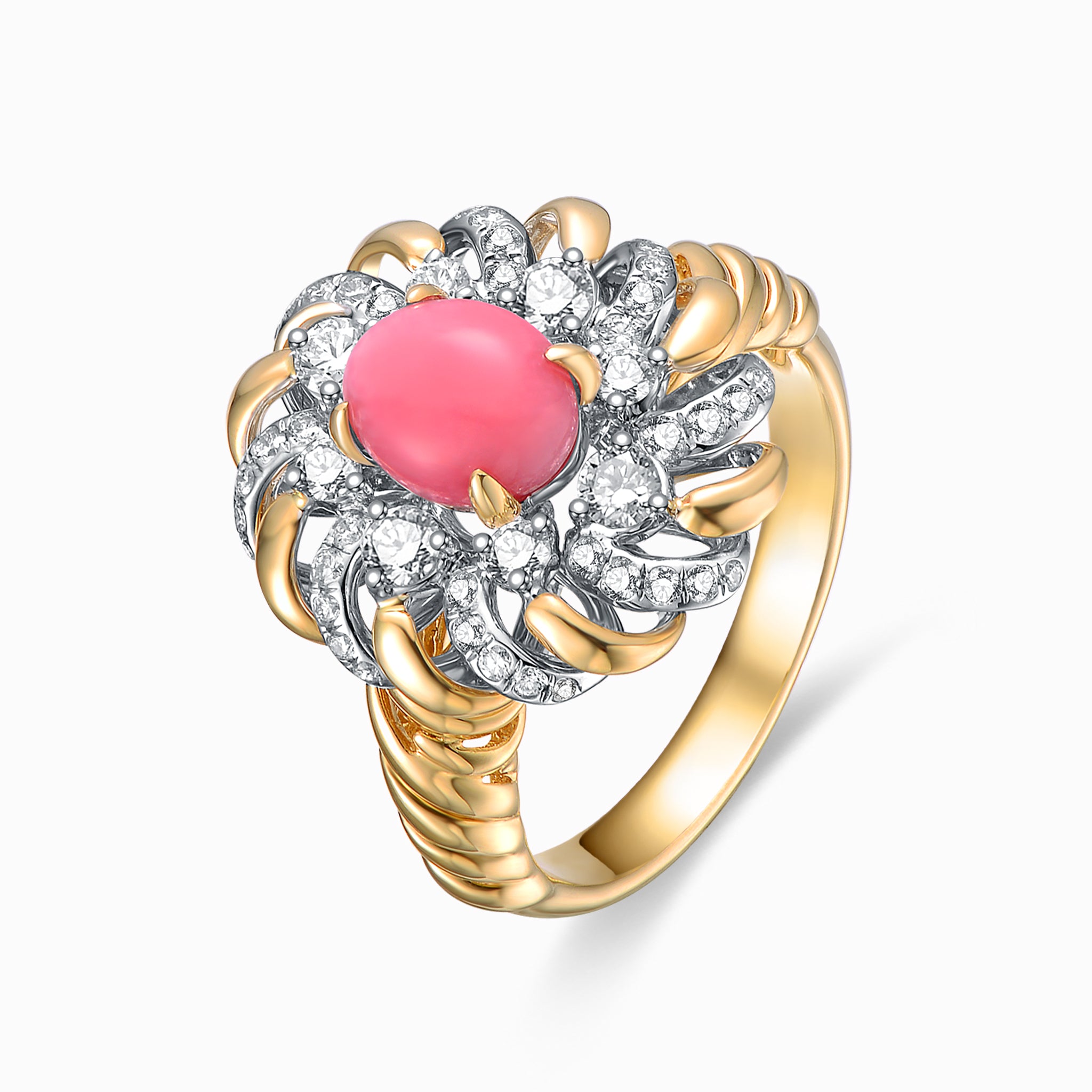 TASA Jewellery 18K yellow gold ring featuring a 1.64ct natural pink conch pearl centre stone in a floral brilliant-cut diamond halo setting, on white background