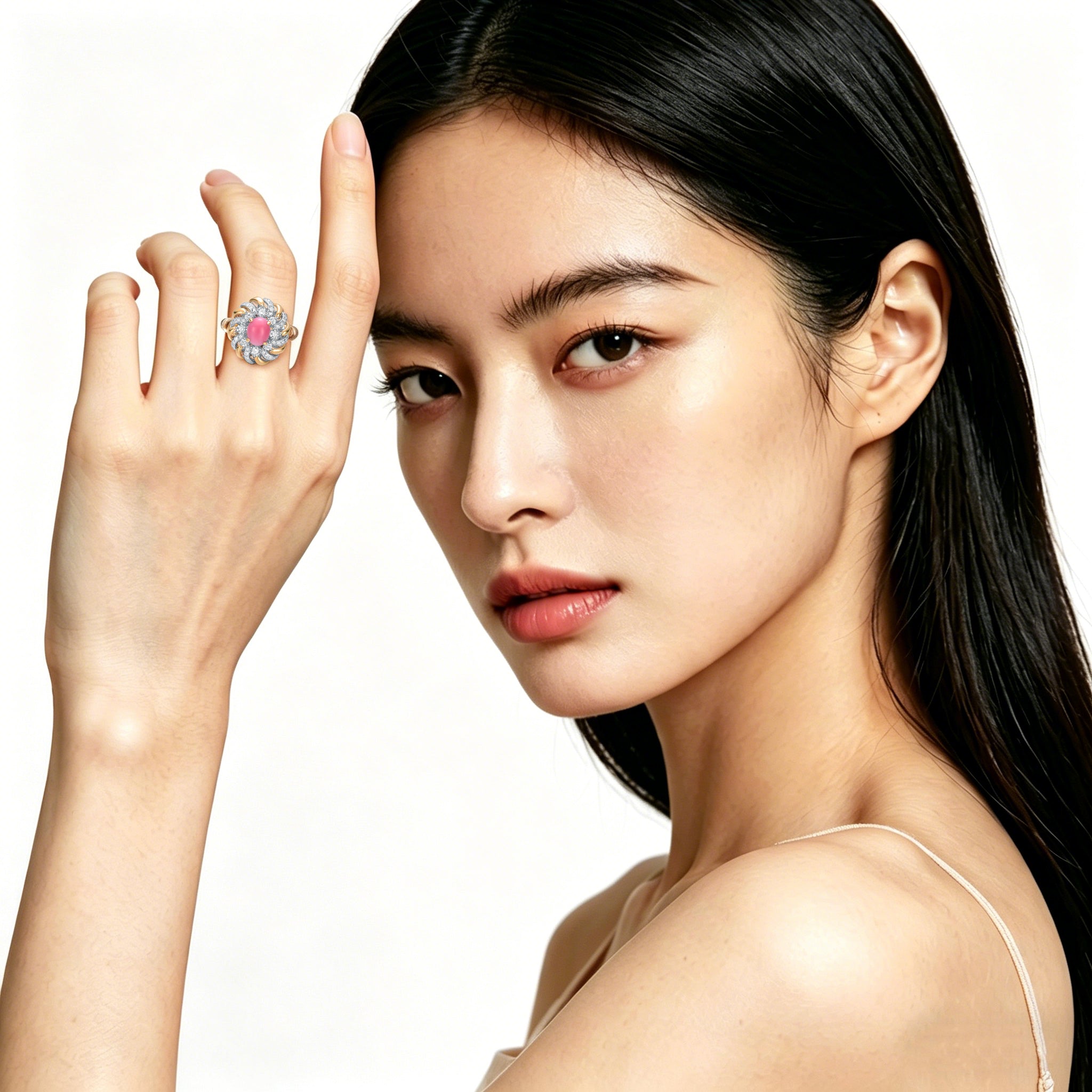Model wearing TASA 18K gold natural pink conch pearl ring with floral diamond halo, lifestyle portrait