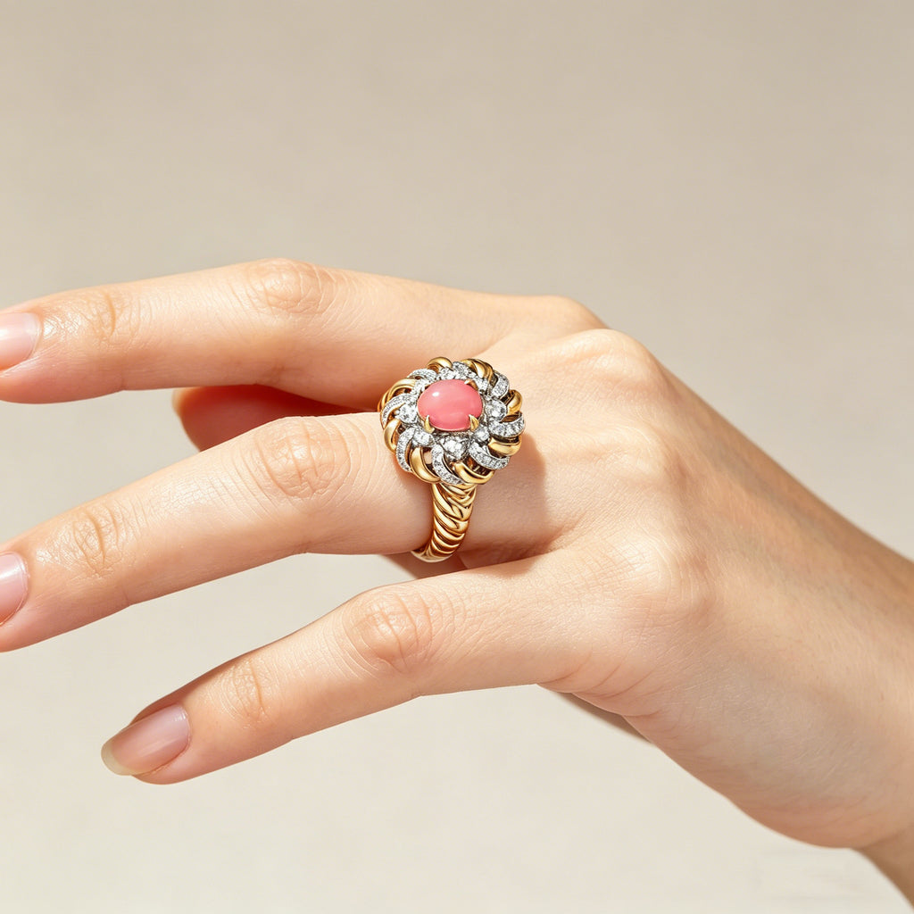 Close-up of hand wearing TASA 18K yellow gold pink conch pearl ring with brilliant-cut diamond floral halo setting