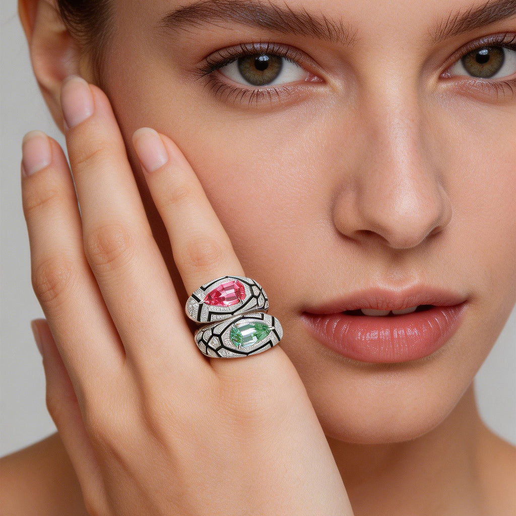 Close-up of TASA colour-clash tourmaline bypass ring showing black enamel geometric grid and 158 pavé diamonds, 18K white gold fine jewellery detail