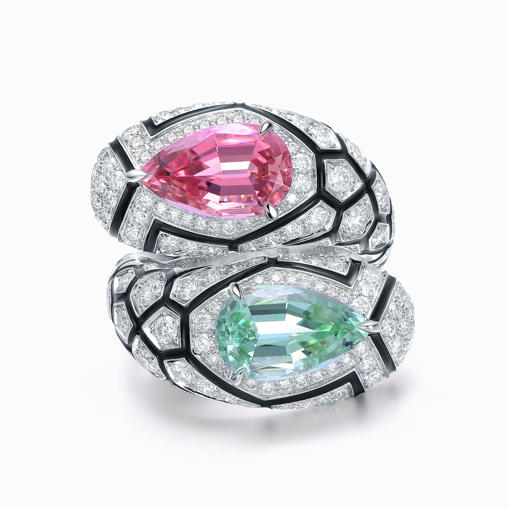 TASA colour-clash pink green tourmaline toi et moi bypass ring top view, pear tourmalines with black enamel grid diamond pavé band, 18K white gold