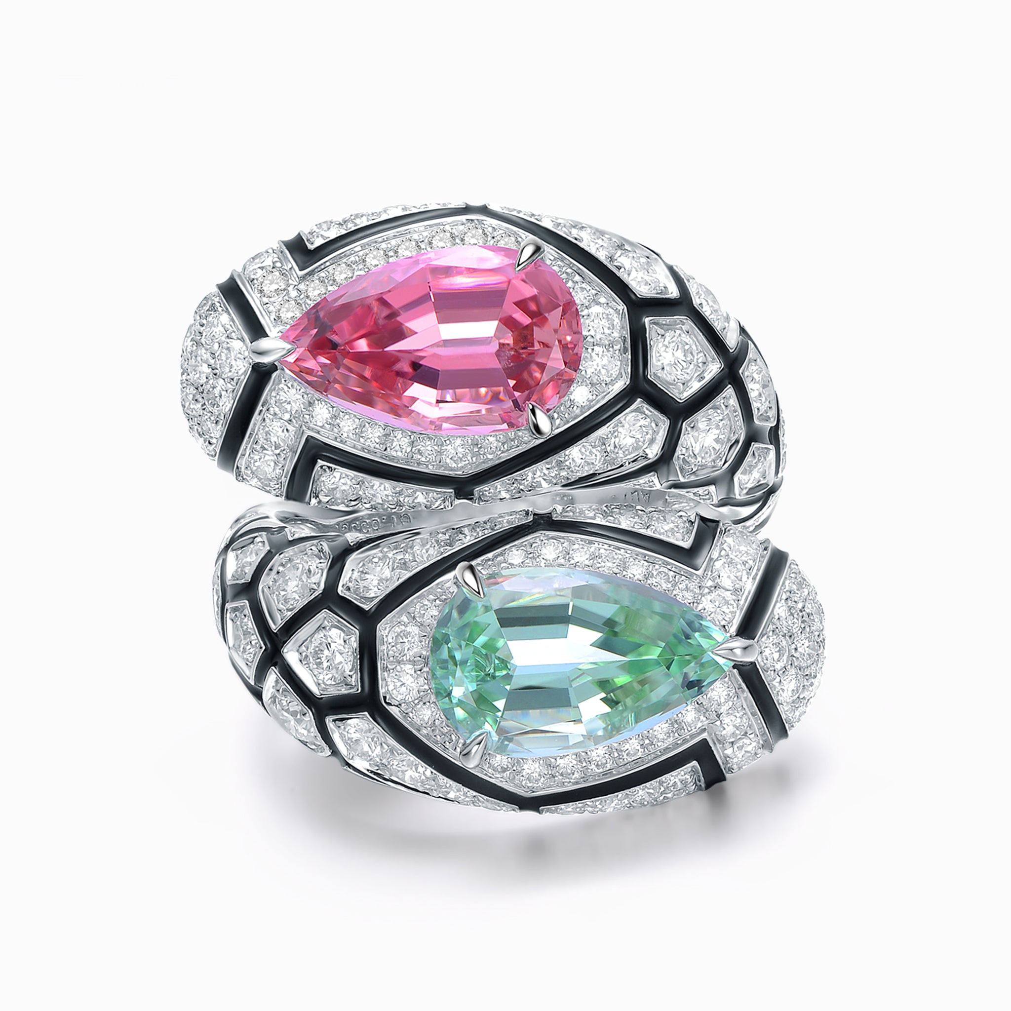 TASA colour-clash pink green tourmaline toi et moi bypass ring top view, pear tourmalines with black enamel grid diamond pavé band, 18K white gold