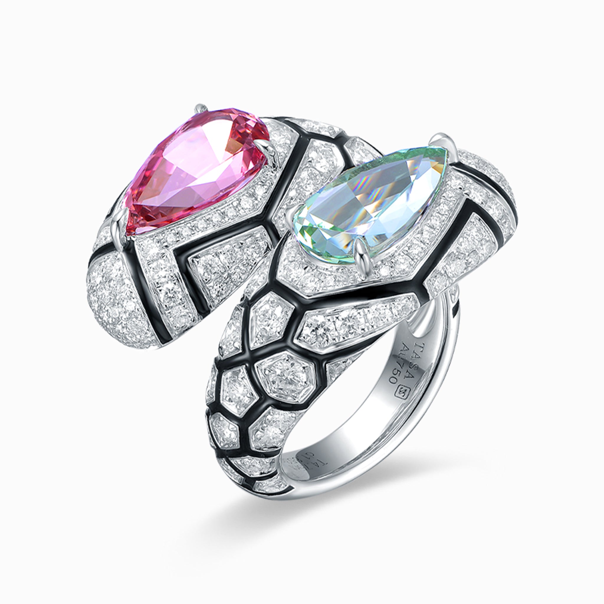 TASA 18K white gold bypass ring featuring certified pink and green pear-cut tourmalines 4.75ct with 158 diamond black enamel geometric band, side view white background