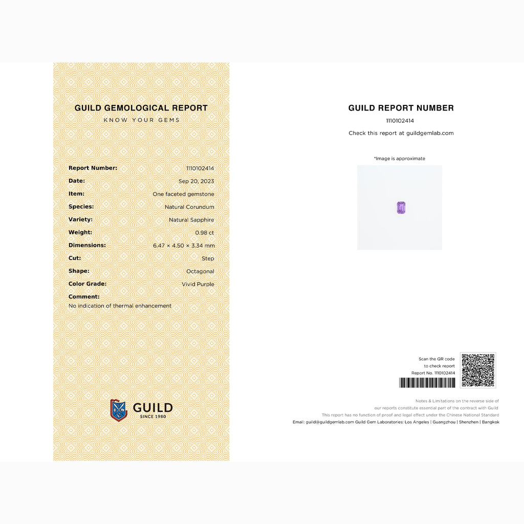 GUILD Gemological Report certifying 0.98ct natural unheated Vivid Purple sapphire, octagonal step cut, no indication of thermal enhancement