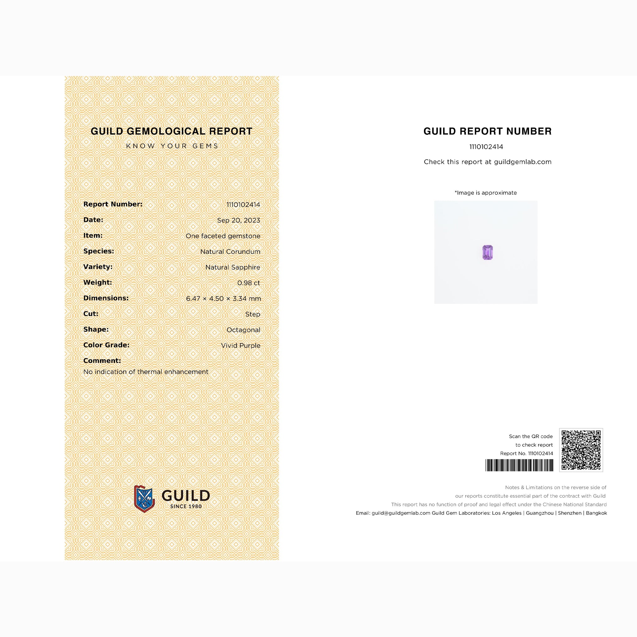 GUILD Gemological Report certifying 0.98ct natural unheated Vivid Purple sapphire, octagonal step cut, no indication of thermal enhancement