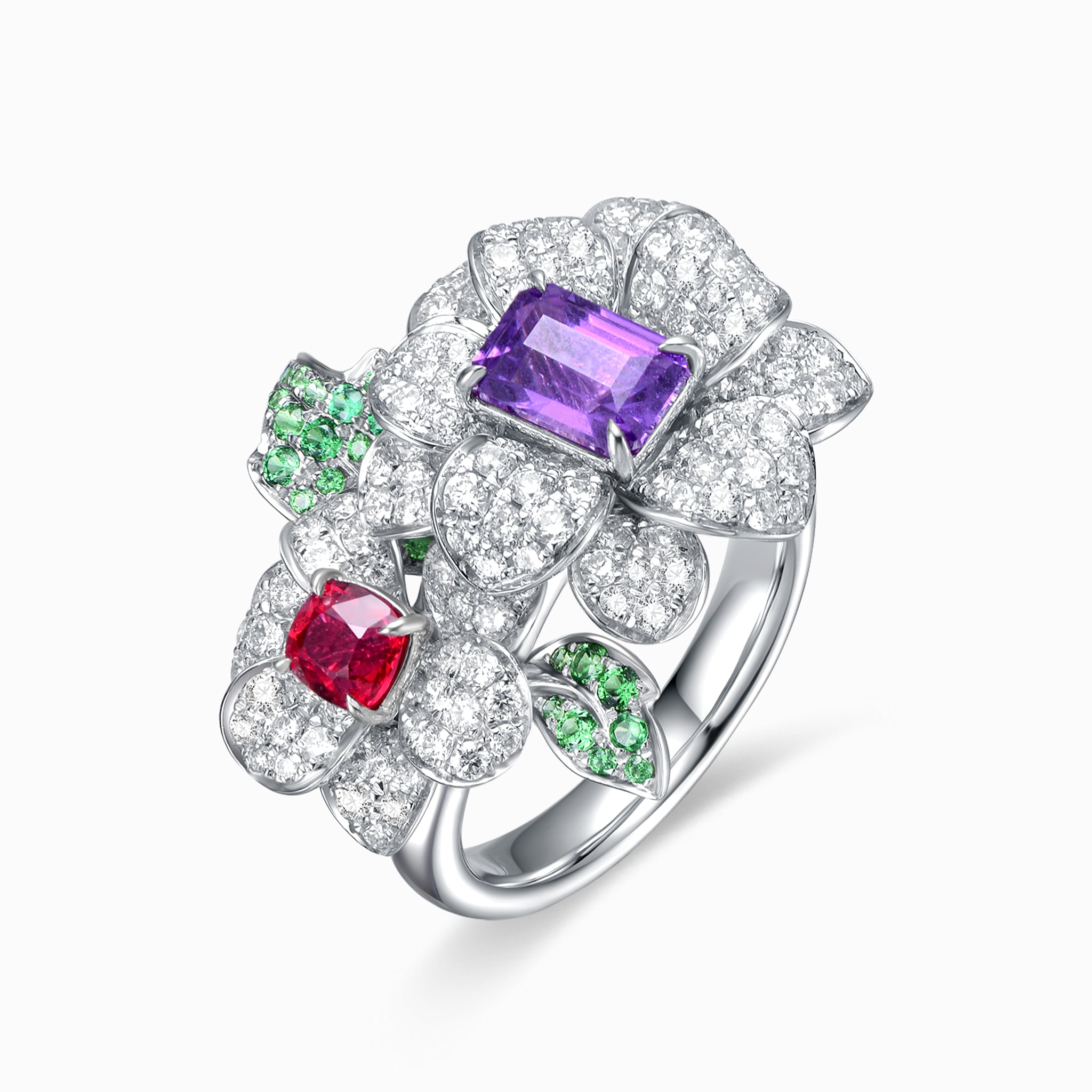 TASA 18K white gold sculptural floral ring featuring 0.98ct unheated Vivid Purple sapphire, ruby, tsavorite and 203 pavé diamonds, side view on white background